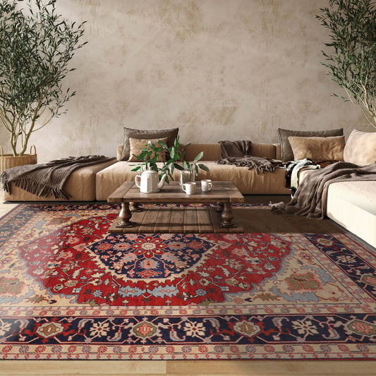 An intricately patterned area rug featuring a harmonious blend of colors spread across traditional design, laid out on a wooden floor, adding warmth and texture to the room's décor."