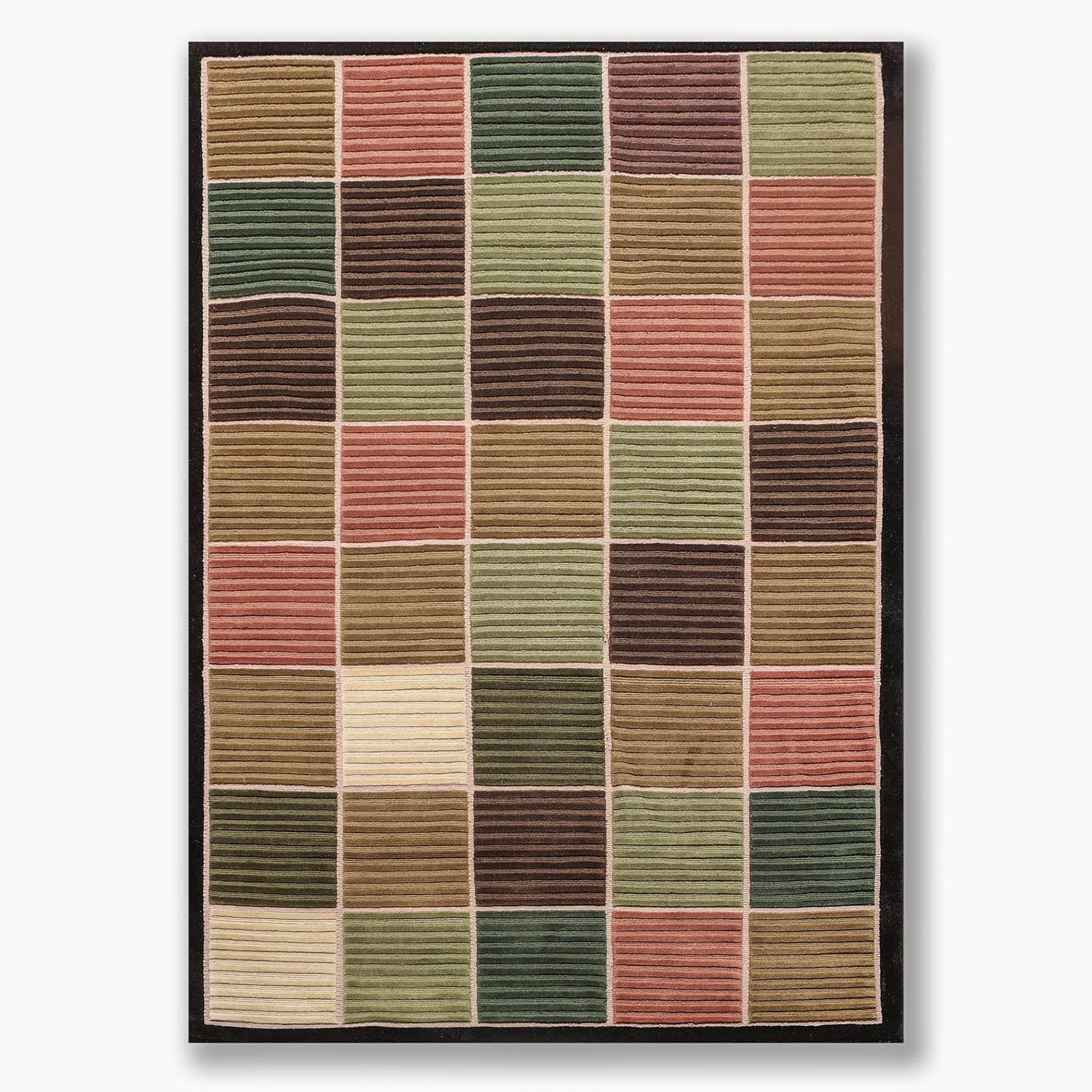 5x7 Black, Beige, Green Color Hand Knotted Checked 100% Wool Modern Oriental Rug