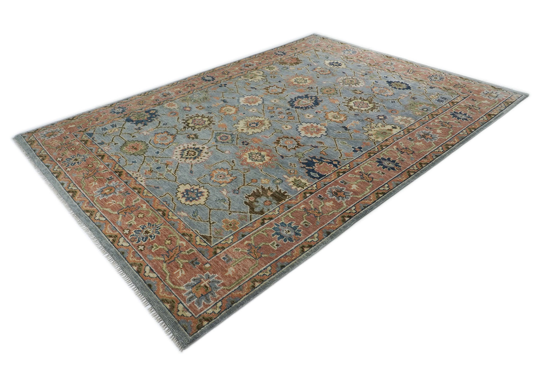 10x14 Blue, Peach, Lime Color Hand Knotted Oushak Wool Arts and Crafts Oriental Rug