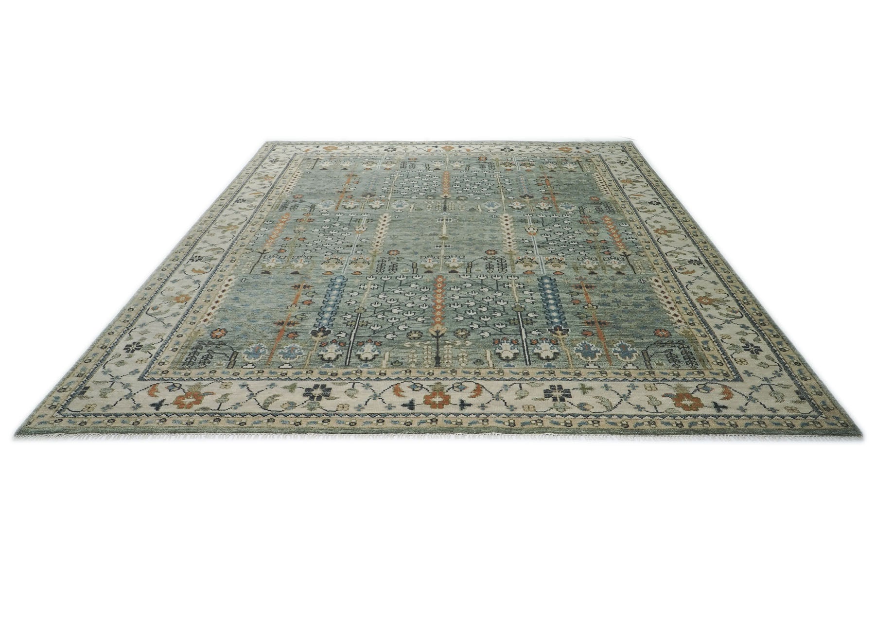 12x15 Seledon, Beige, Green Color Hand Knotted Oushak Wool Transitional Oriental Rug