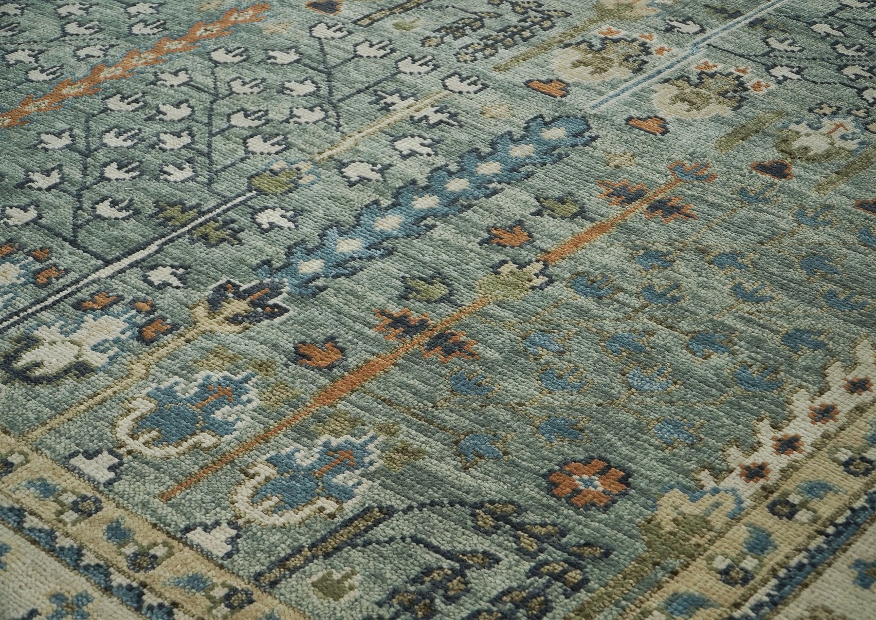 12x15 Seledon, Beige, Green Color Hand Knotted Oushak Wool Transitional Oriental Rug