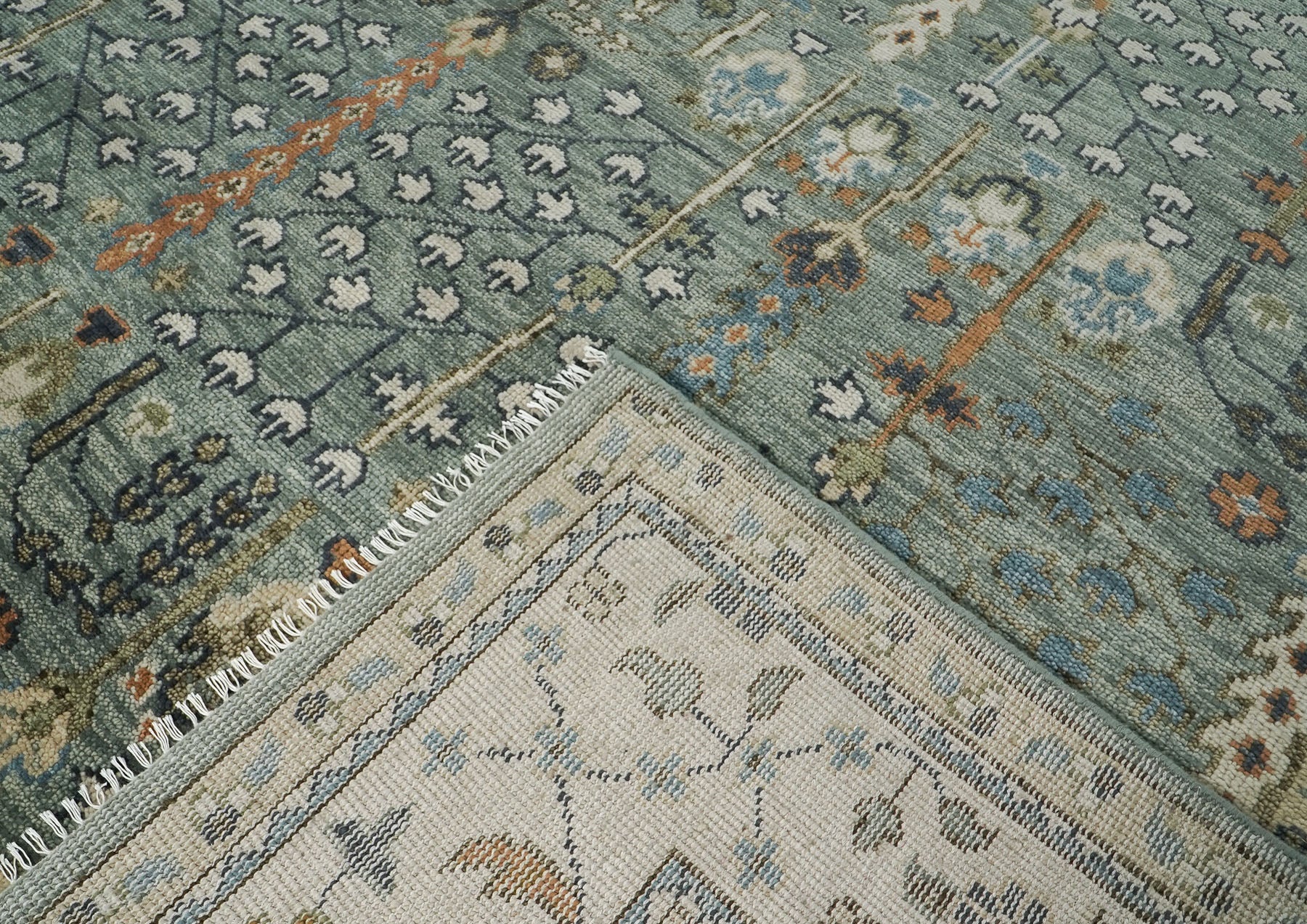 12x15 Seledon, Beige, Green Color Hand Knotted Oushak Wool Transitional Oriental Rug