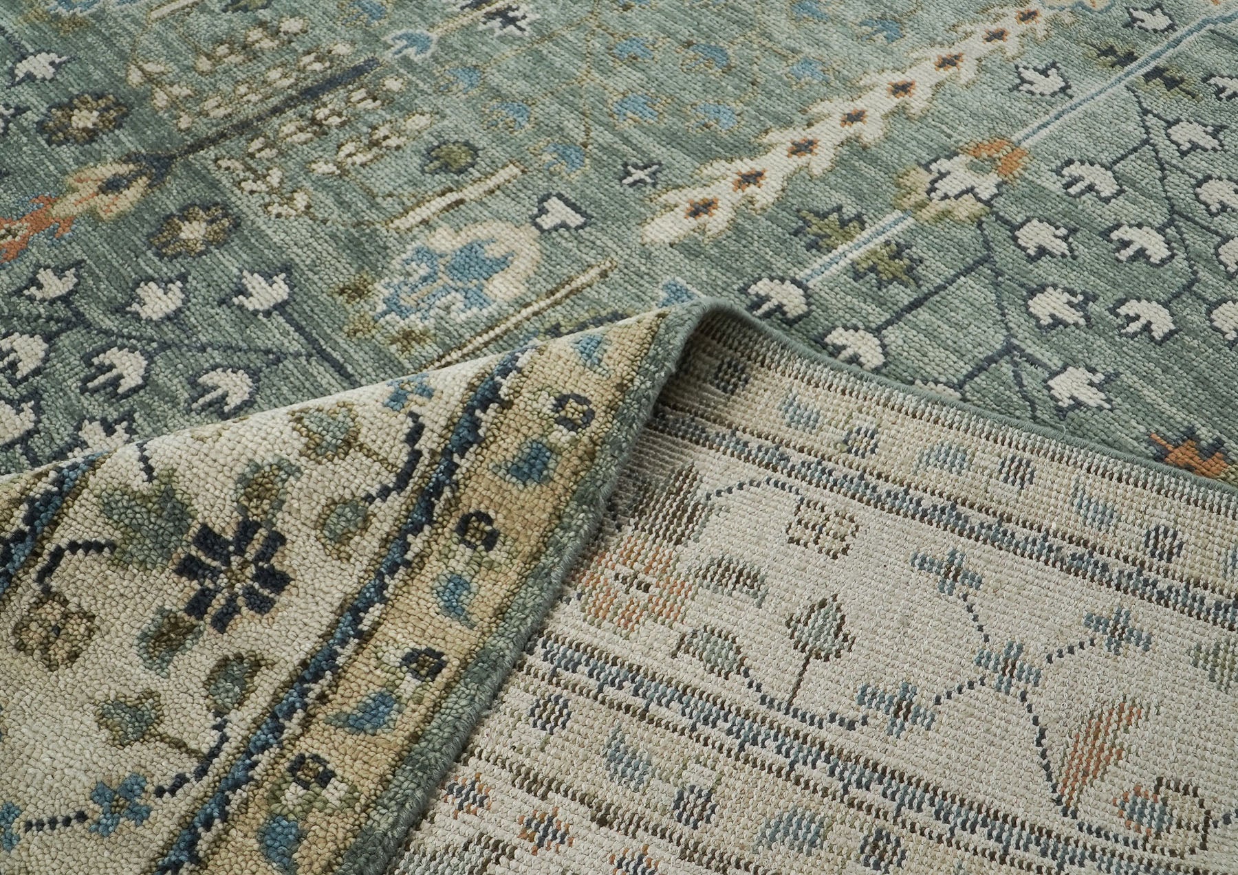 12x15 Seledon, Beige, Green Color Hand Knotted Oushak Wool Transitional Oriental Rug