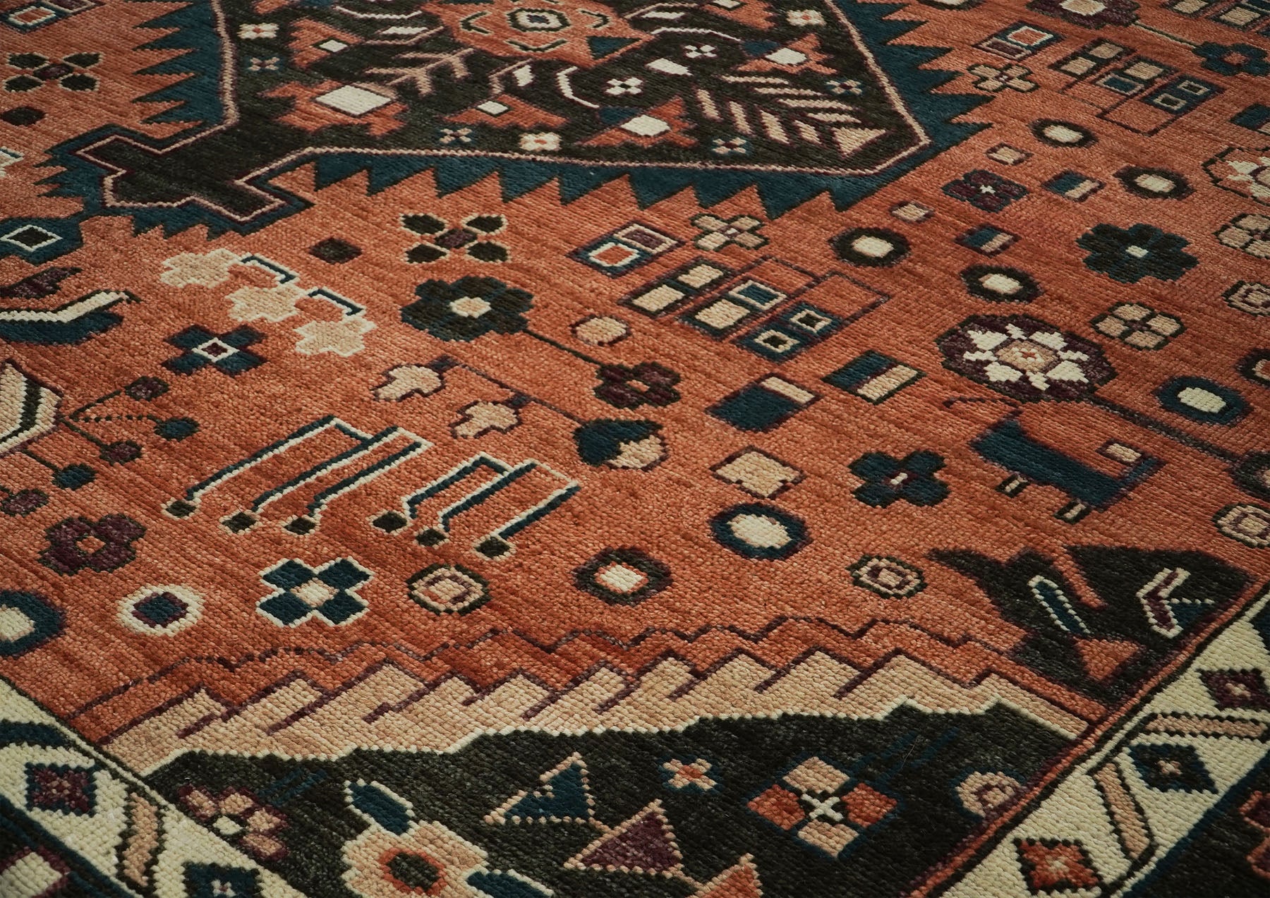 12x15 Burnt Orange, Chocolate, Teal Color Hand Knotted Oushak Wool Traditional Oriental Rug