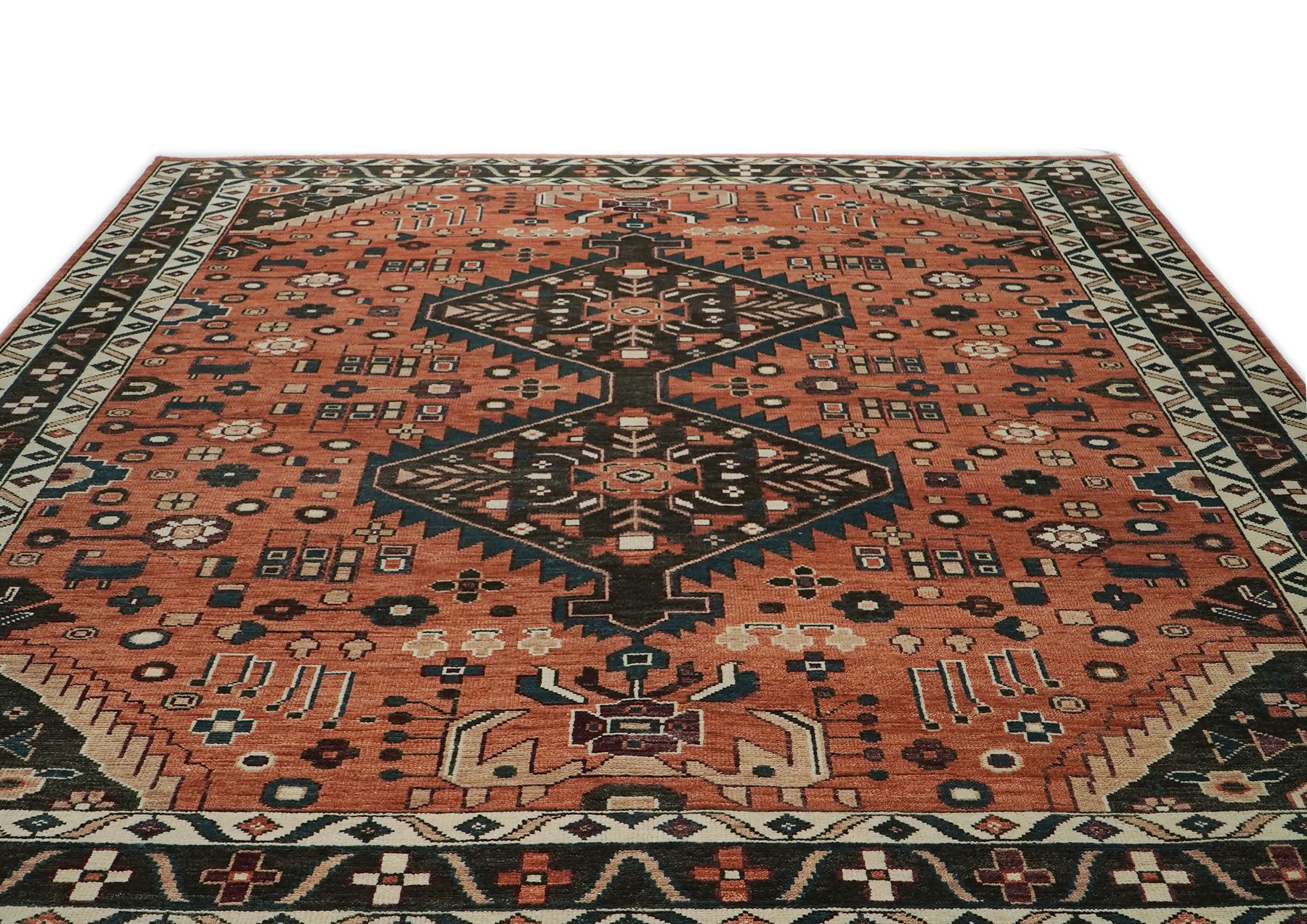 12x15 Burnt Orange, Chocolate, Teal Color Hand Knotted Oushak Wool Traditional Oriental Rug