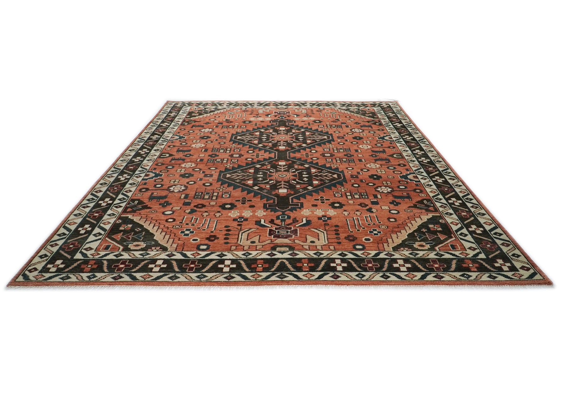 12x15 Burnt Orange, Chocolate, Teal Color Hand Knotted Oushak Wool Traditional Oriental Rug