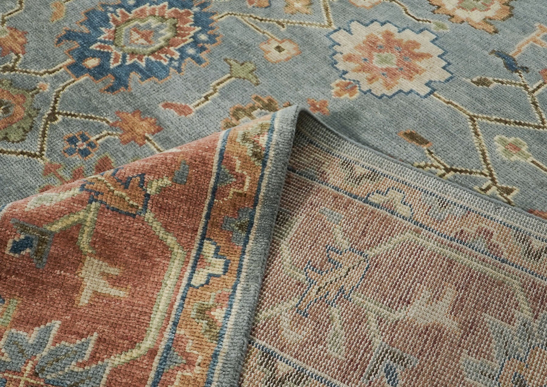 12x15 Blue, Burnt Orange, Ivory Color Hand Knotted Oushak Wool Arts and Crafts Oriental Rug