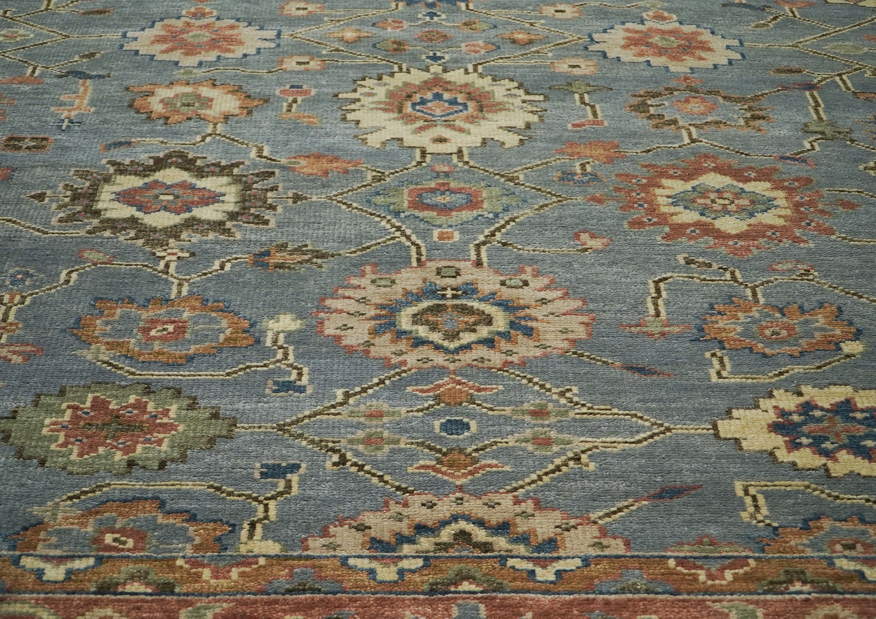 12x15 Blue, Burnt Orange, Ivory Color Hand Knotted Oushak Wool Arts and Crafts Oriental Rug