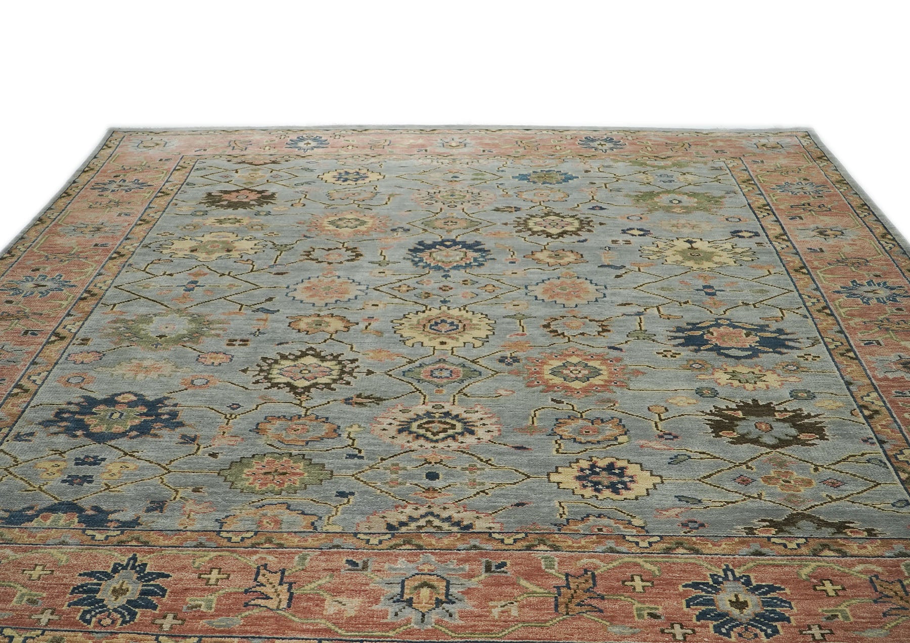 12x15 Blue, Rose, Navy Color Hand Knotted Oushak Wool Arts and Crafts Oriental Rug