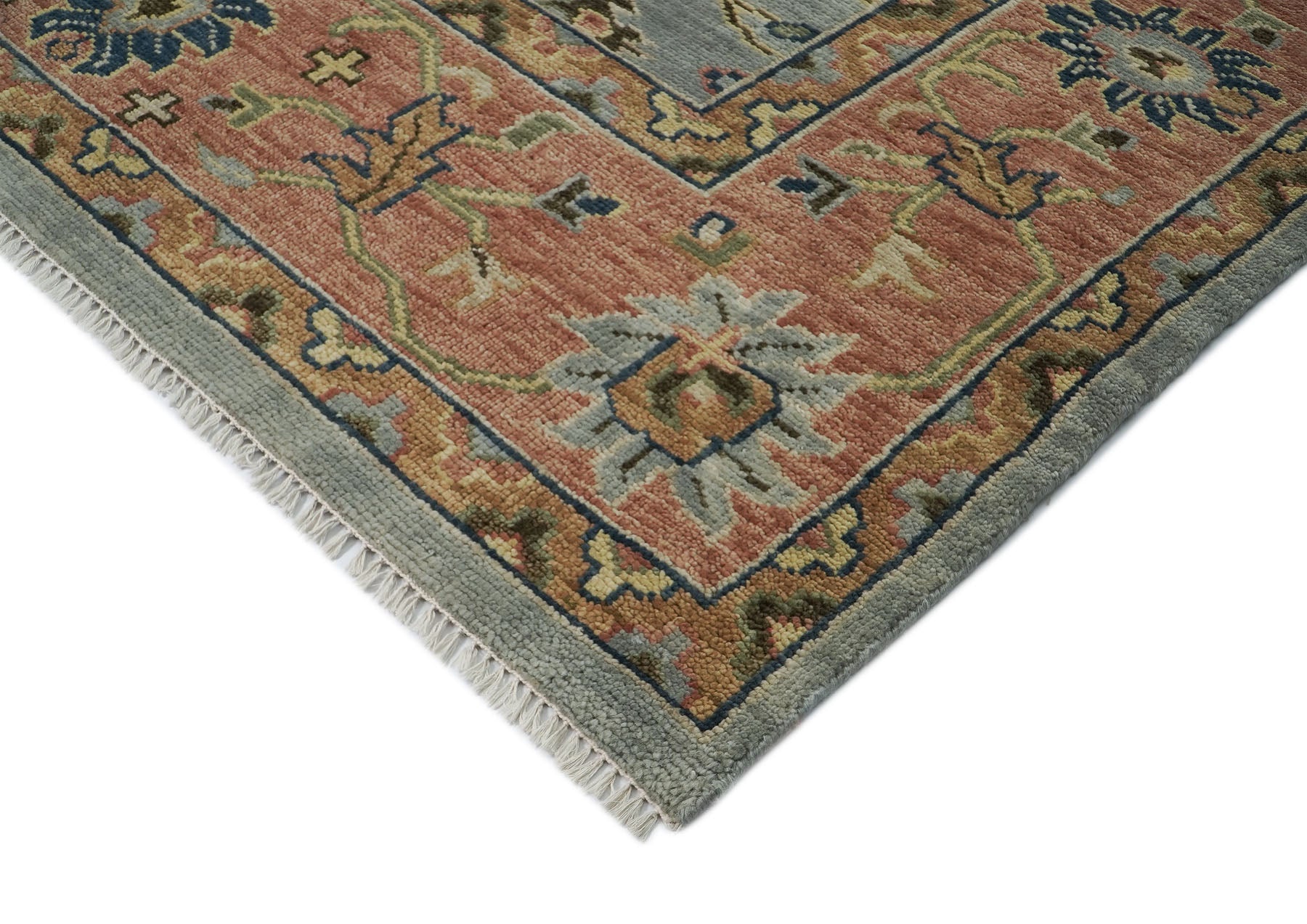 12x15 Blue, Rose, Navy Color Hand Knotted Oushak Wool Arts and Crafts Oriental Rug