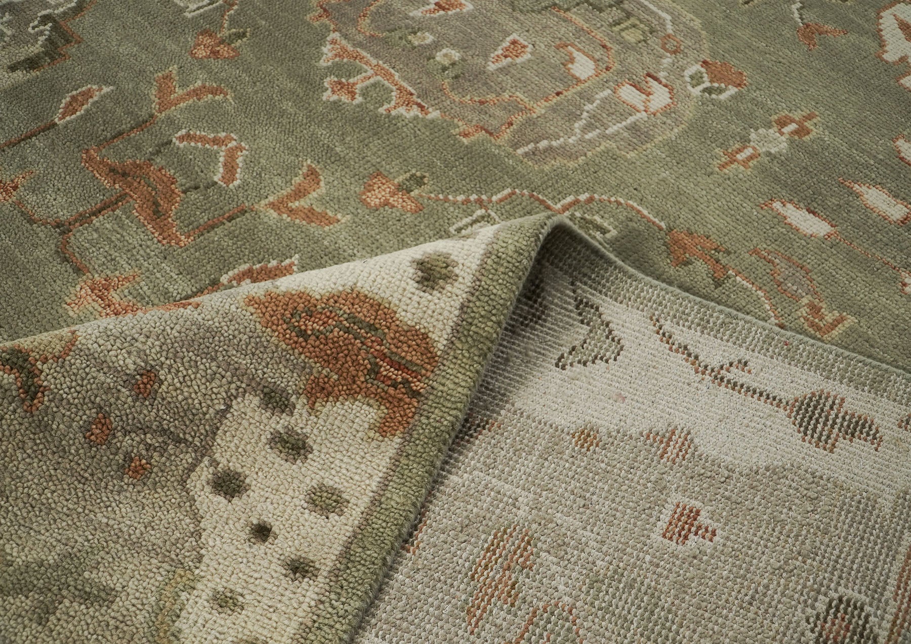 12x15 Green, Peach, Beige Color Hand Knotted Oushak Wool Transitional Oriental Rug