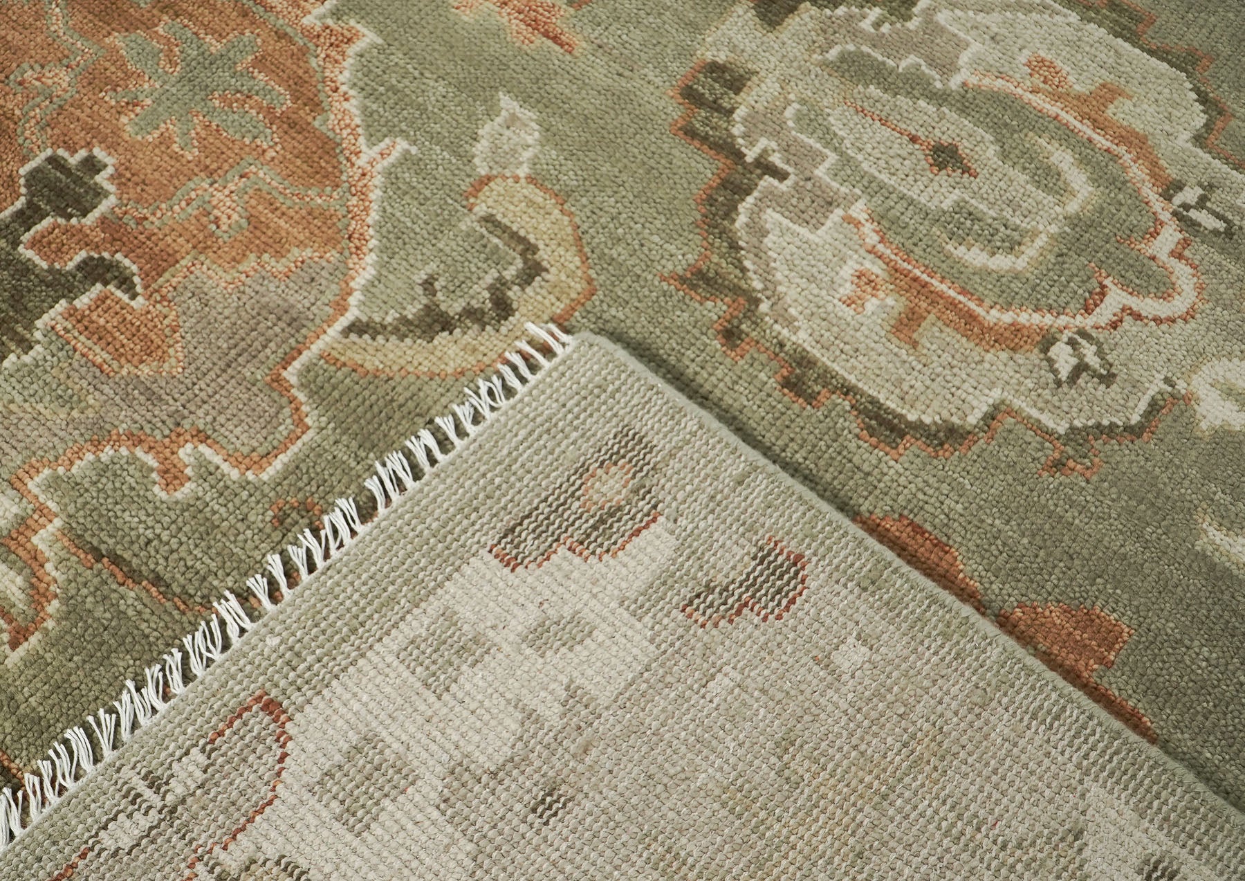 12x15 Green, Peach, Beige Color Hand Knotted Oushak Wool Transitional Oriental Rug