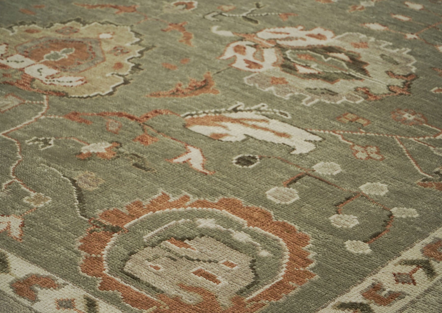 12x15 Green, Peach, Beige Color Hand Knotted Oushak Wool Transitional Oriental Rug