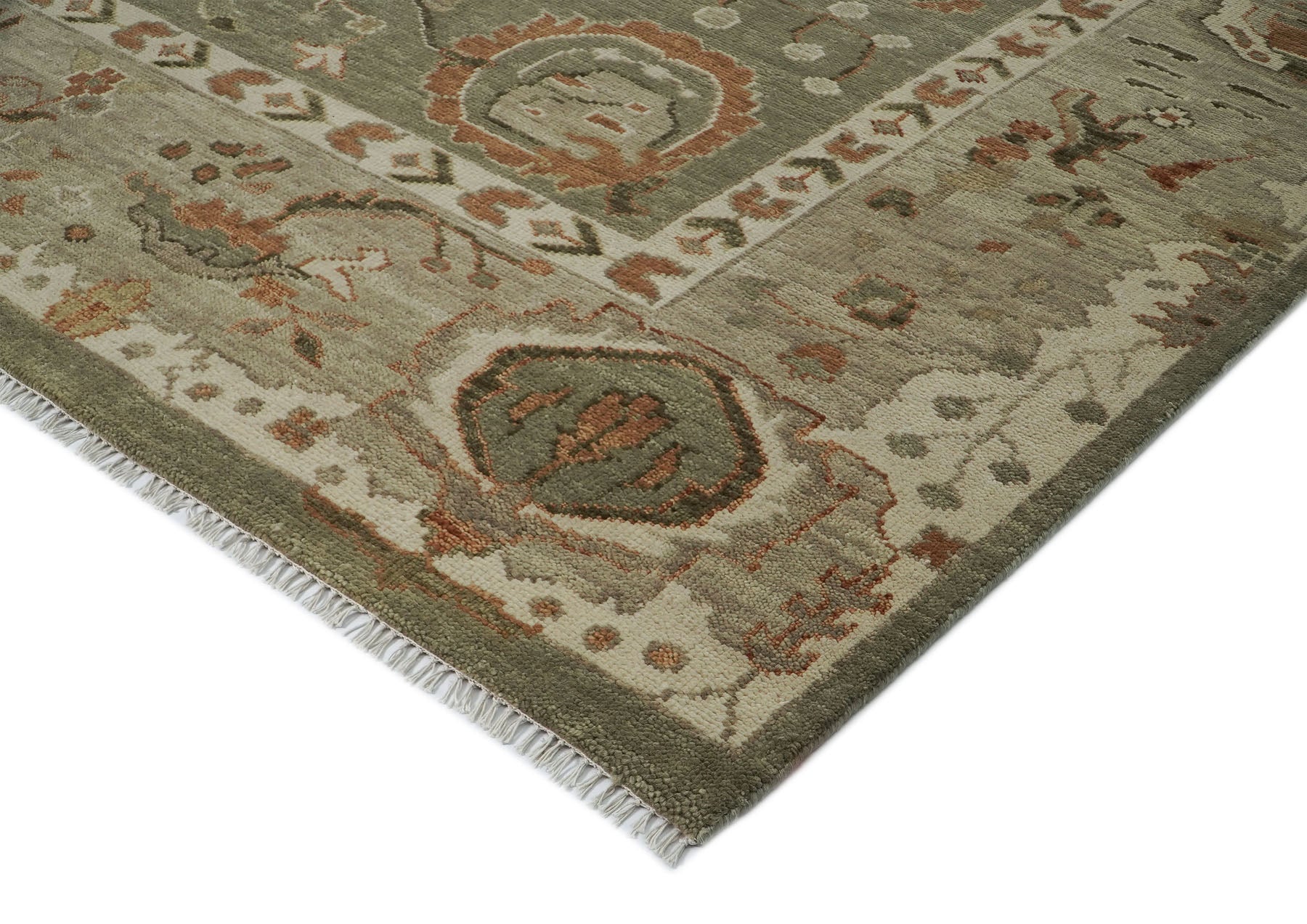 12x15 Green, Peach, Beige Color Hand Knotted Oushak Wool Transitional Oriental Rug