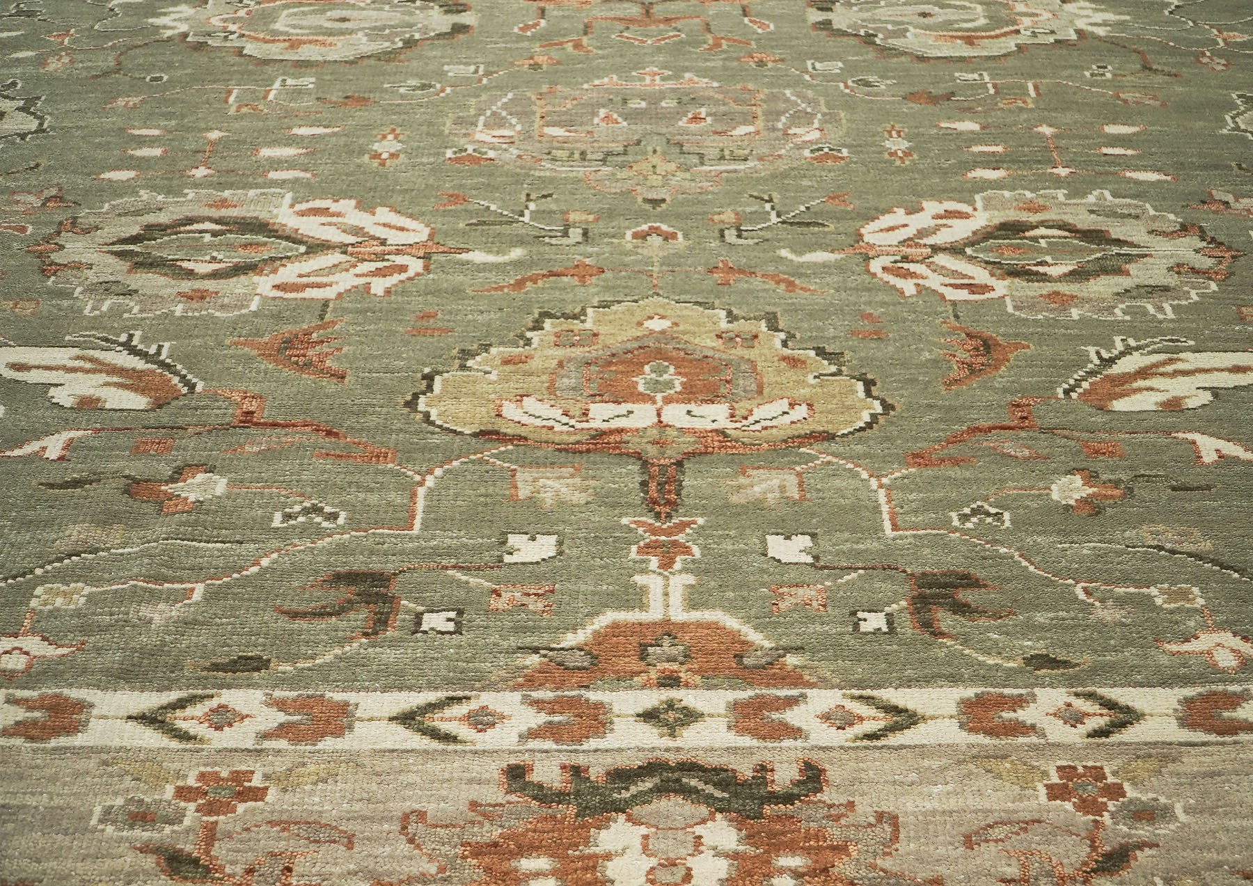 12x15 Green, Peach, Beige Color Hand Knotted Oushak Wool Transitional Oriental Rug