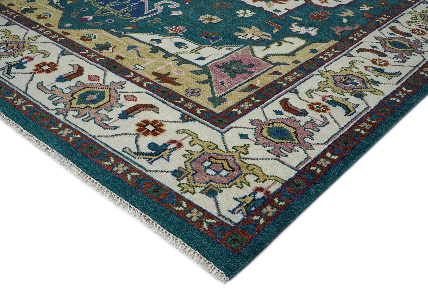 12x15 Teal, Ivory, Rust Color Hand Knotted Oushak Wool  Oriental Rug