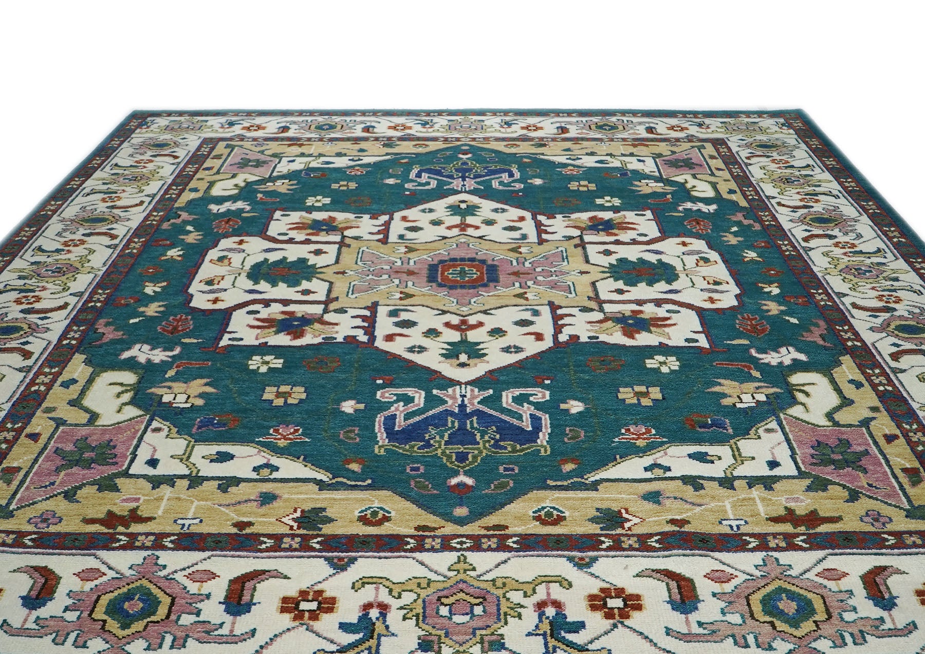 12x15 Teal, Ivory, Rust Color Hand Knotted Oushak Wool  Oriental Rug