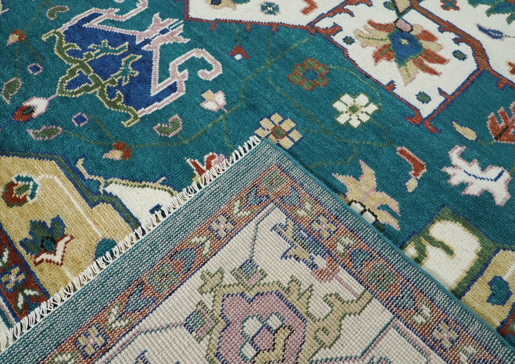 12x15 Teal, Ivory, Rust Color Hand Knotted Oushak Wool  Oriental Rug