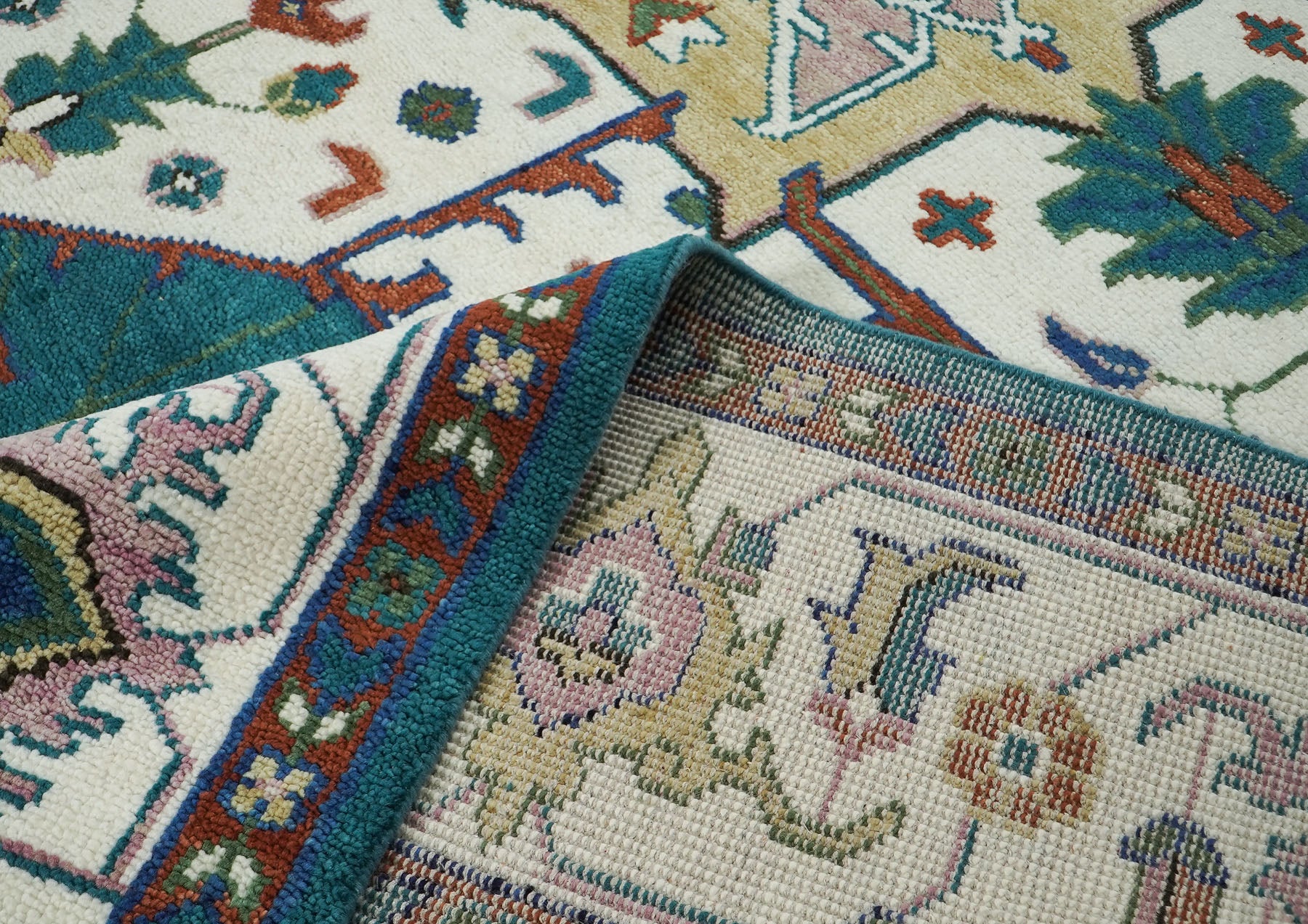 12x15 Teal, Ivory, Rust Color Hand Knotted Oushak Wool  Oriental Rug