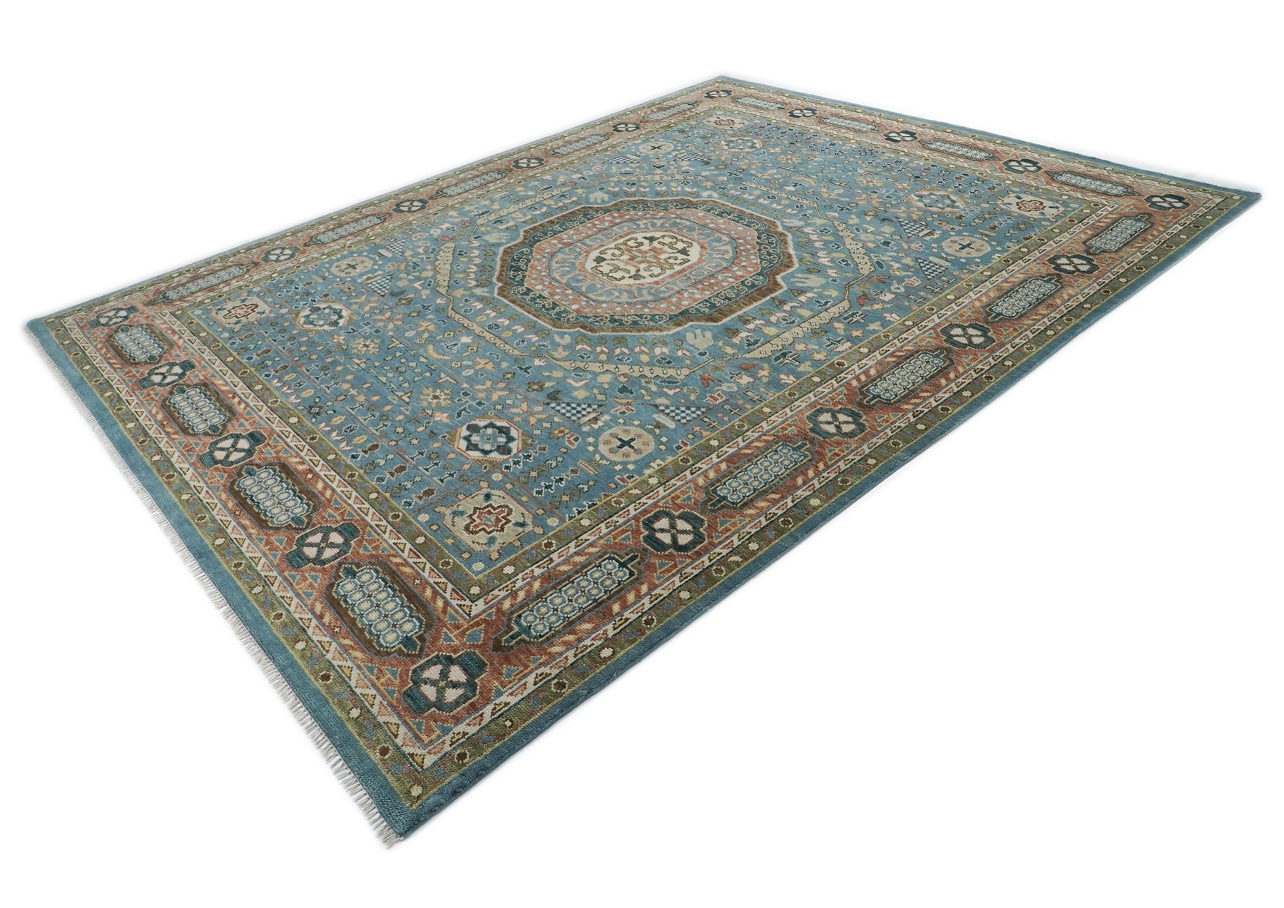 12x15 Blue, Rust, Green Color Hand Knotted Oushak Wool Traditional Oriental Rug