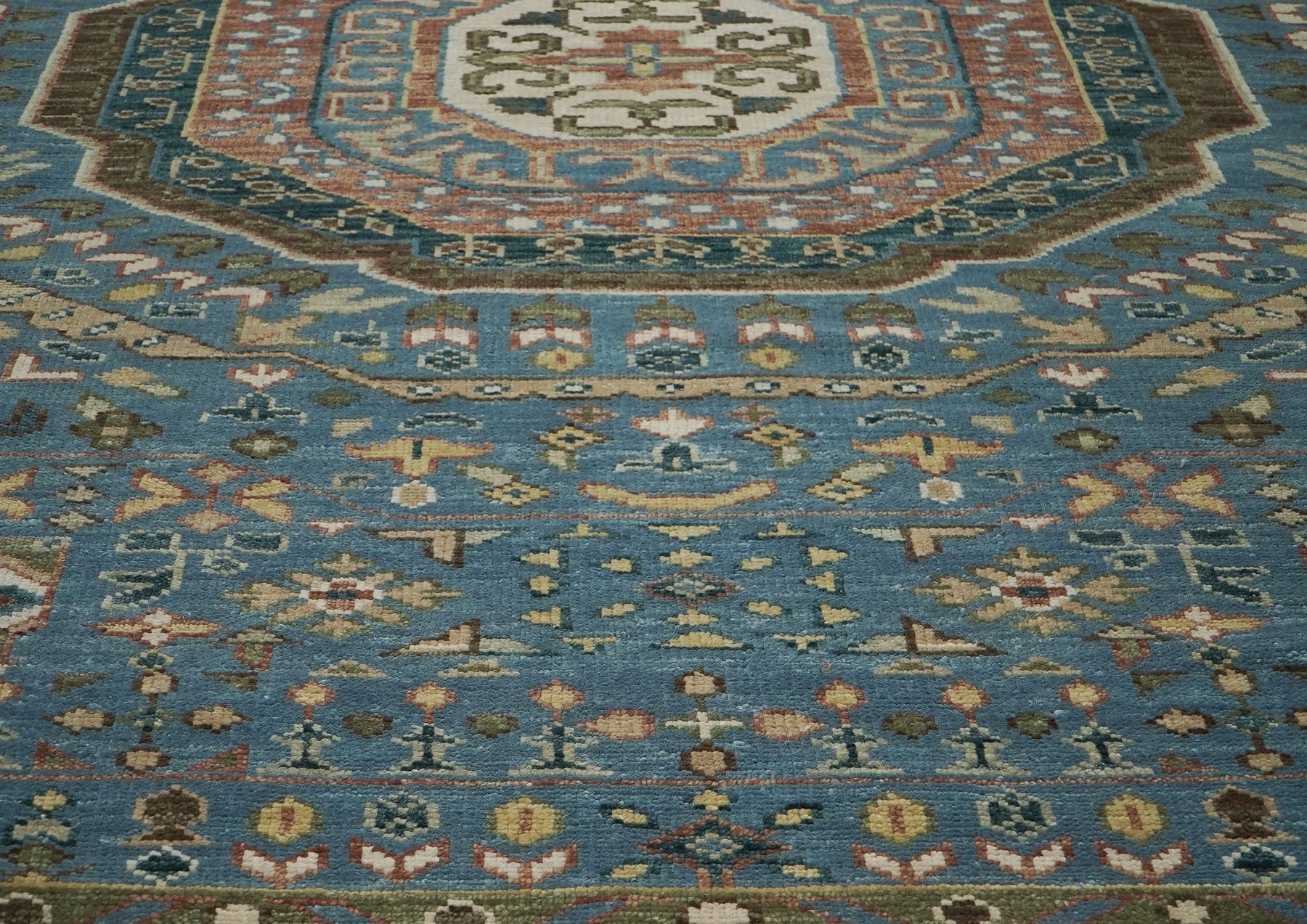12x15 Blue, Rust, Green Color Hand Knotted Oushak Wool Traditional Oriental Rug