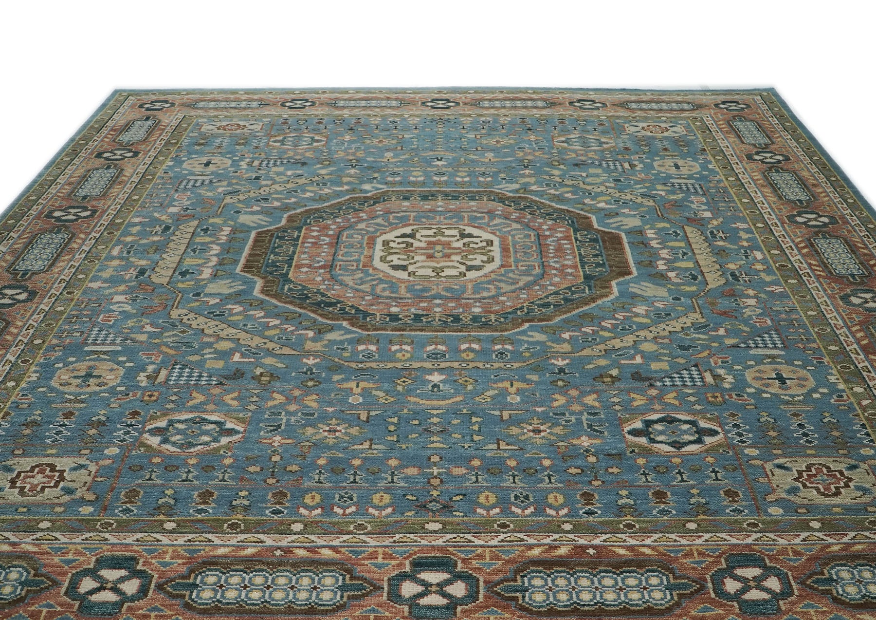 12x15 Blue, Rust, Green Color Hand Knotted Oushak Wool Traditional Oriental Rug