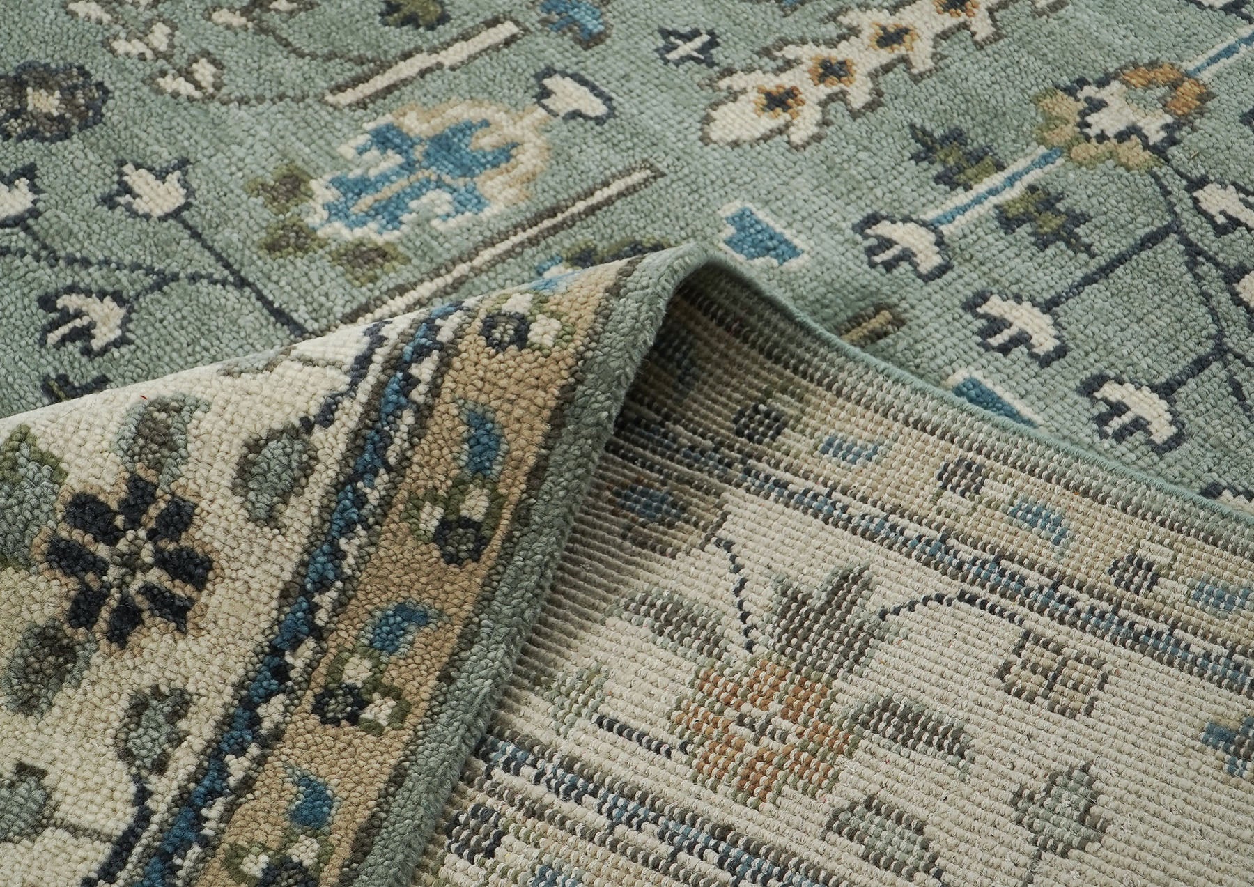 12x15 Seledon, Beige, Brown Color Hand Knotted Oushak Wool Transitional Oriental Rug