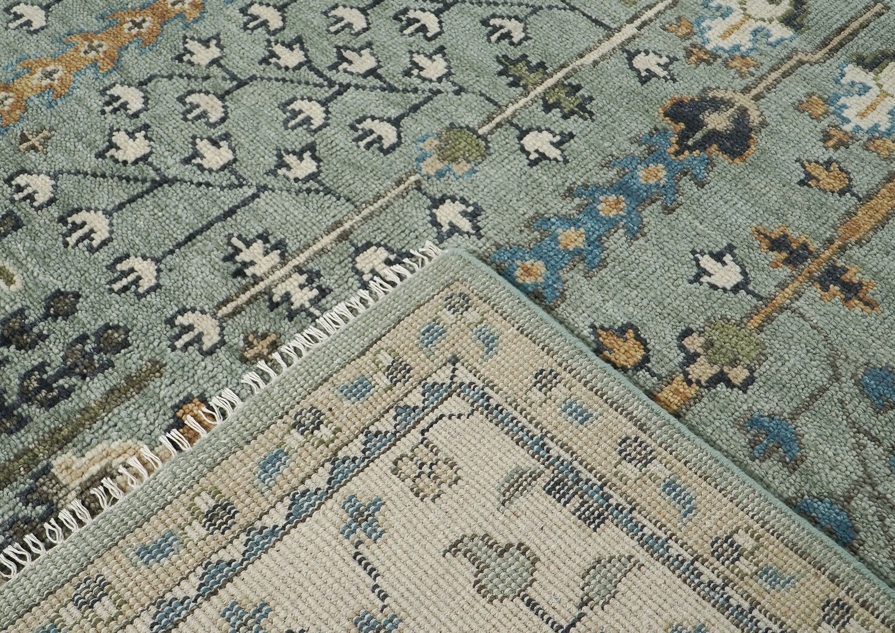 12x15 Seledon, Beige, Brown Color Hand Knotted Oushak Wool Transitional Oriental Rug