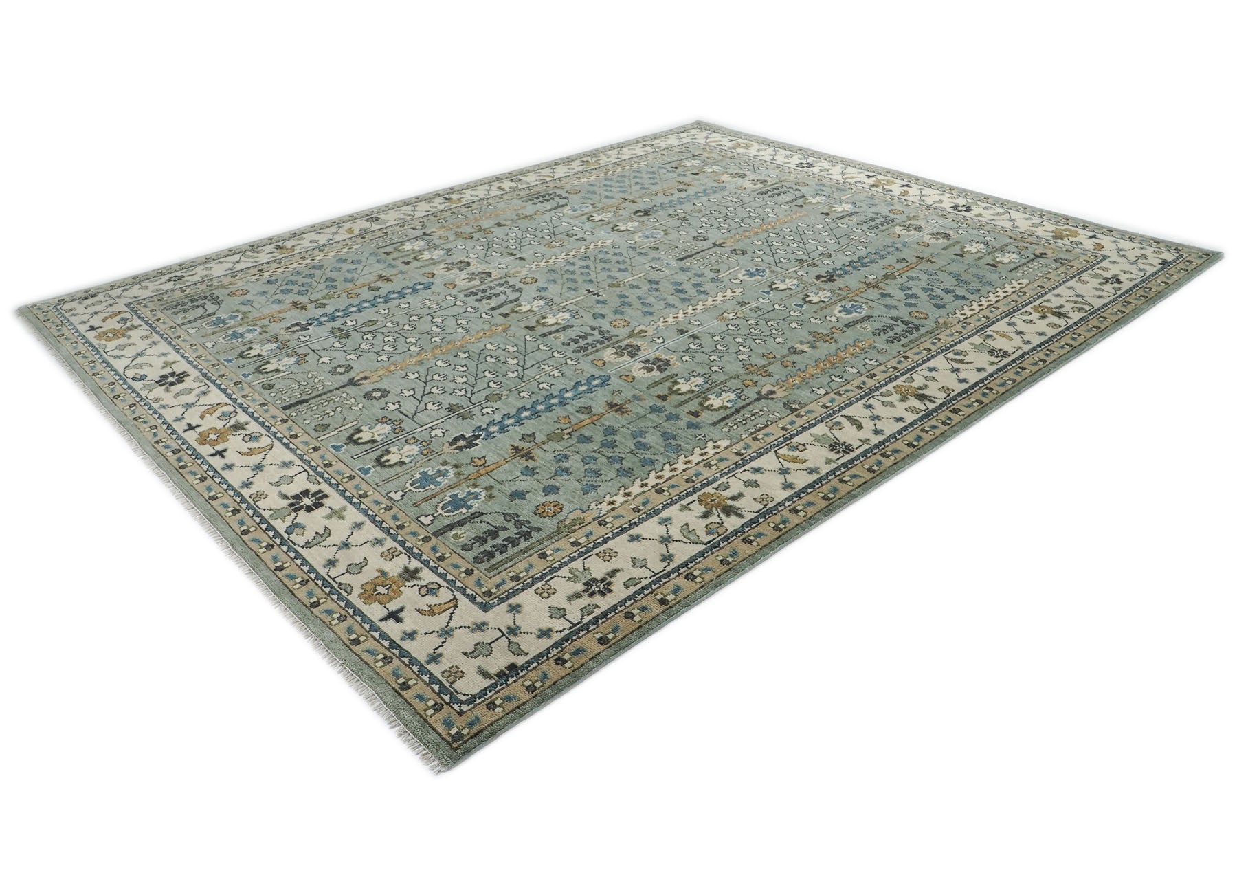 12x15 Seledon, Beige, Brown Color Hand Knotted Oushak Wool Transitional Oriental Rug