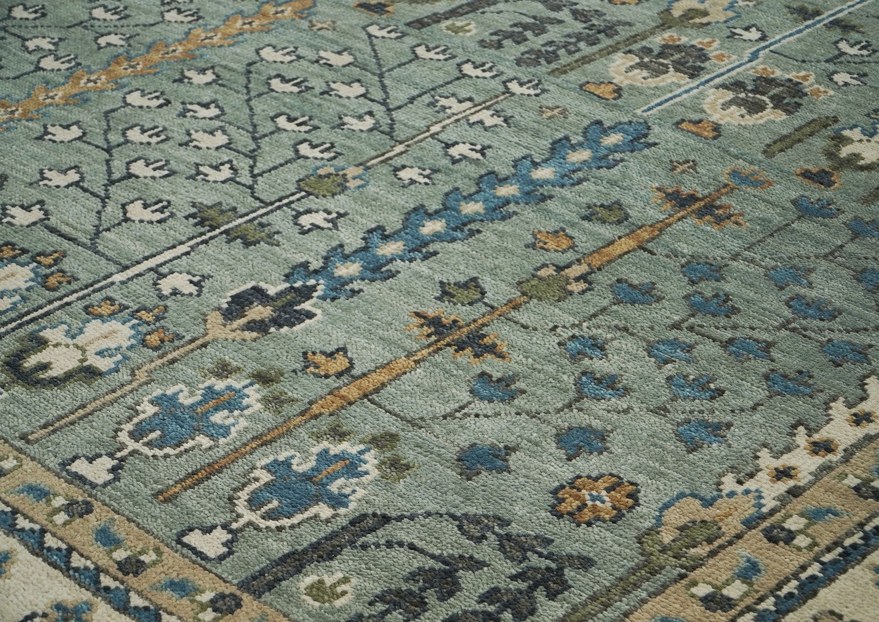 12x15 Seledon, Beige, Brown Color Hand Knotted Oushak Wool Transitional Oriental Rug