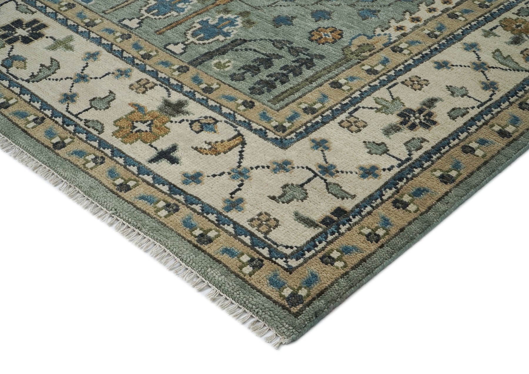 12x15 Seledon, Beige, Brown Color Hand Knotted Oushak Wool Transitional Oriental Rug