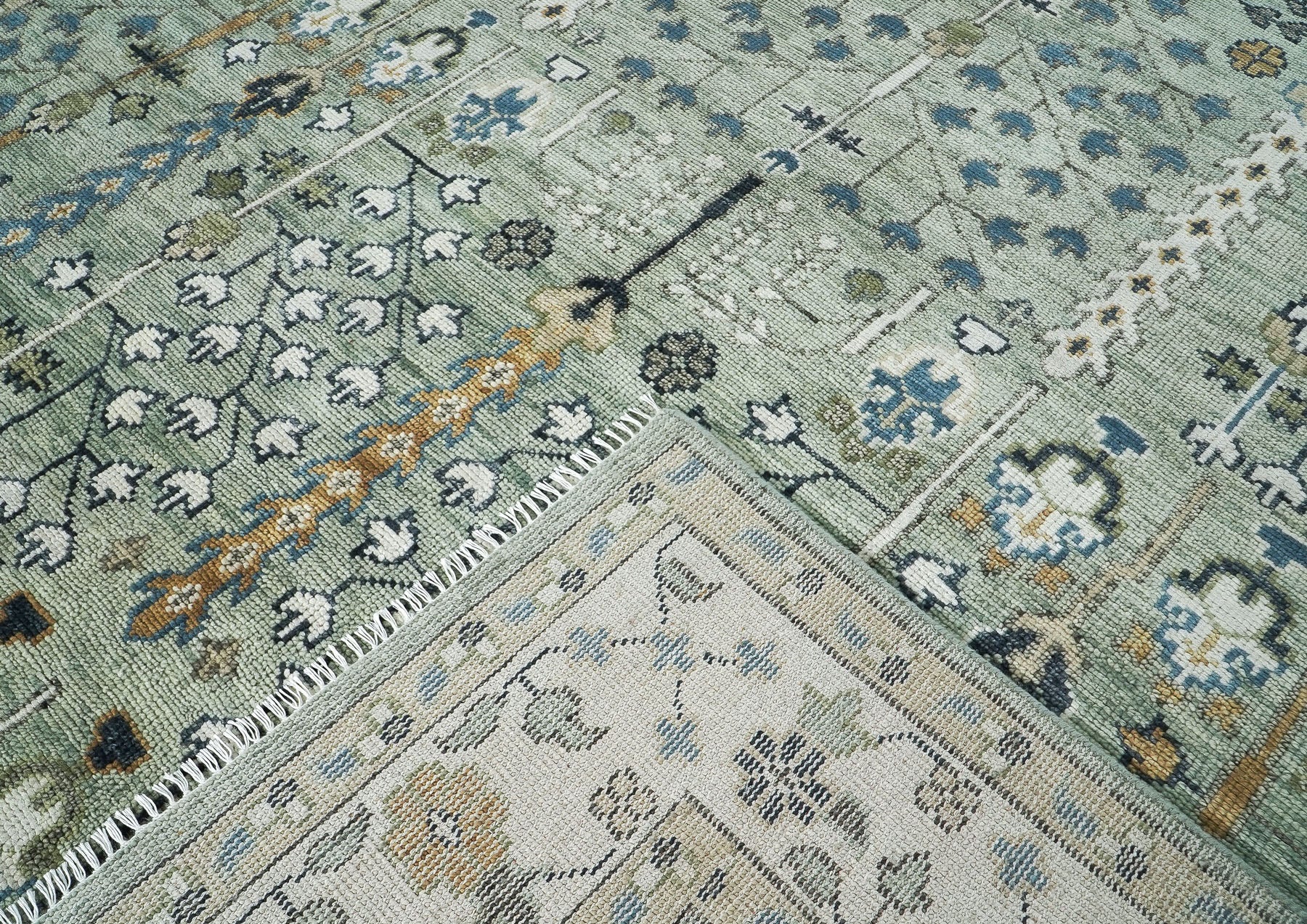 10x14 Mint, Ivory, Tan Color Hand Knotted Oushak Wool Transitional Oriental Rug