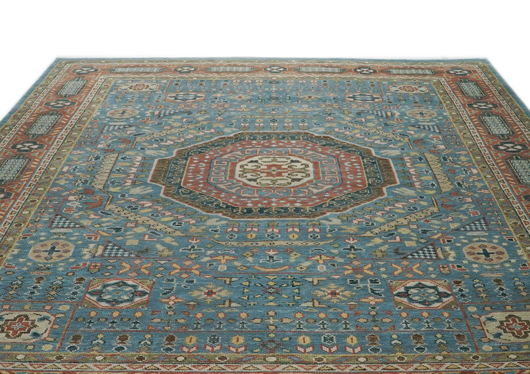 12x15 Blue, Rust, Green Color Hand Knotted Oushak Wool Traditional Oriental Rug