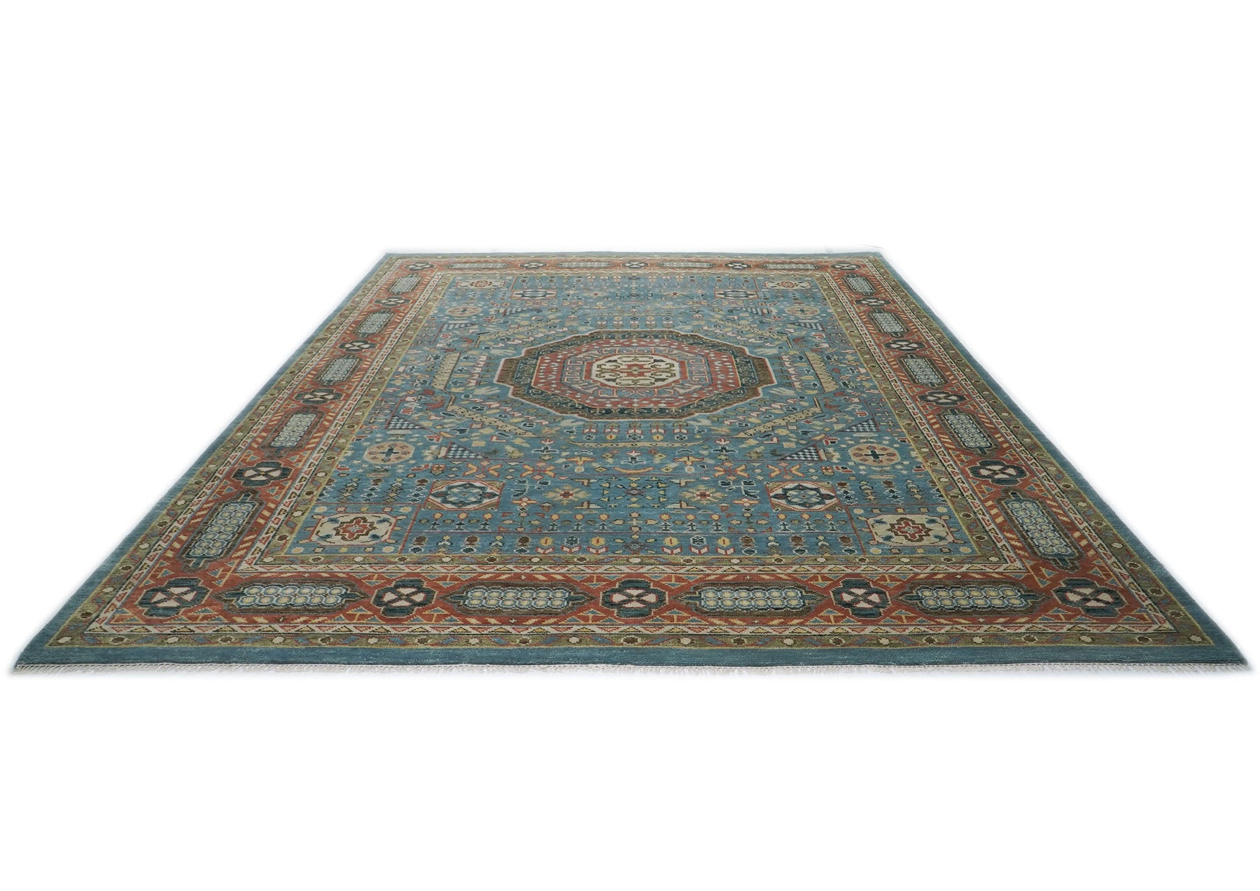 12x15 Blue, Rust, Green Color Hand Knotted Oushak Wool Traditional Oriental Rug