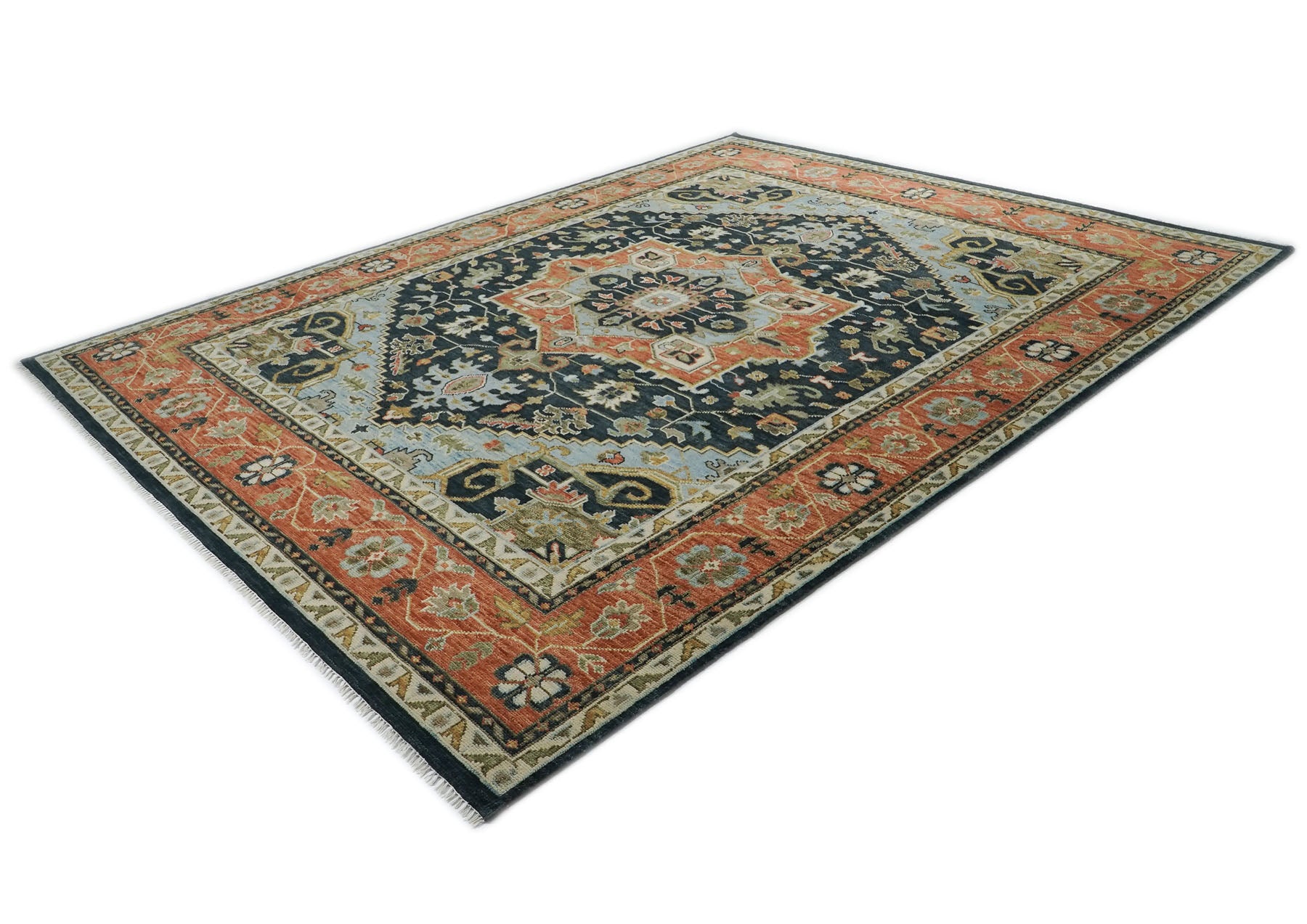 12x15 Blue, Burnt Orange, Ivory Color Hand Knotted Oushak Wool  Oriental Rug