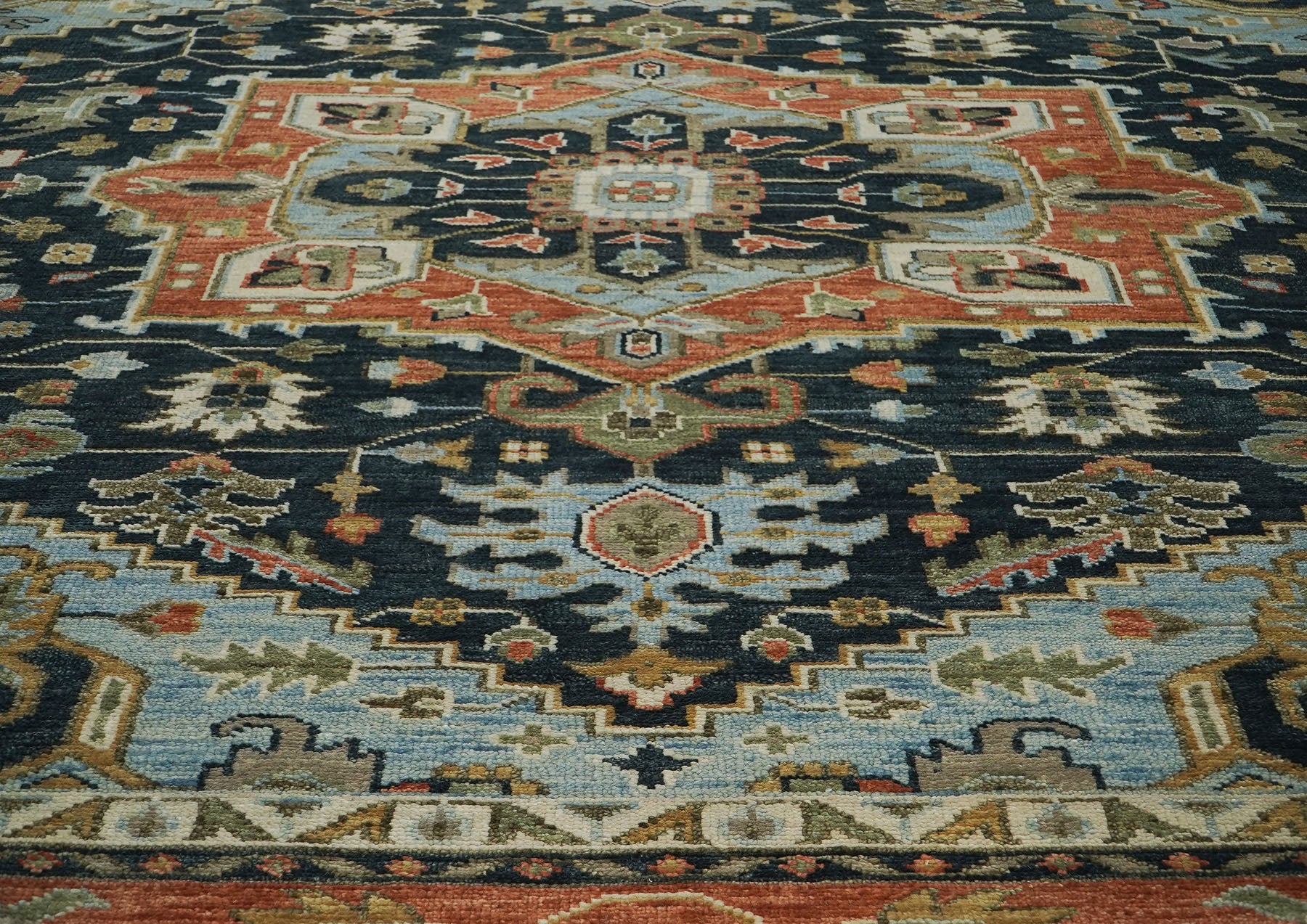 12x15 Blue, Burnt Orange, Ivory Color Hand Knotted Oushak Wool  Oriental Rug