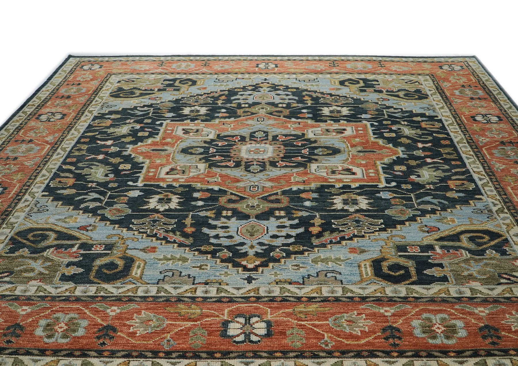 12x15 Blue, Burnt Orange, Ivory Color Hand Knotted Oushak Wool  Oriental Rug