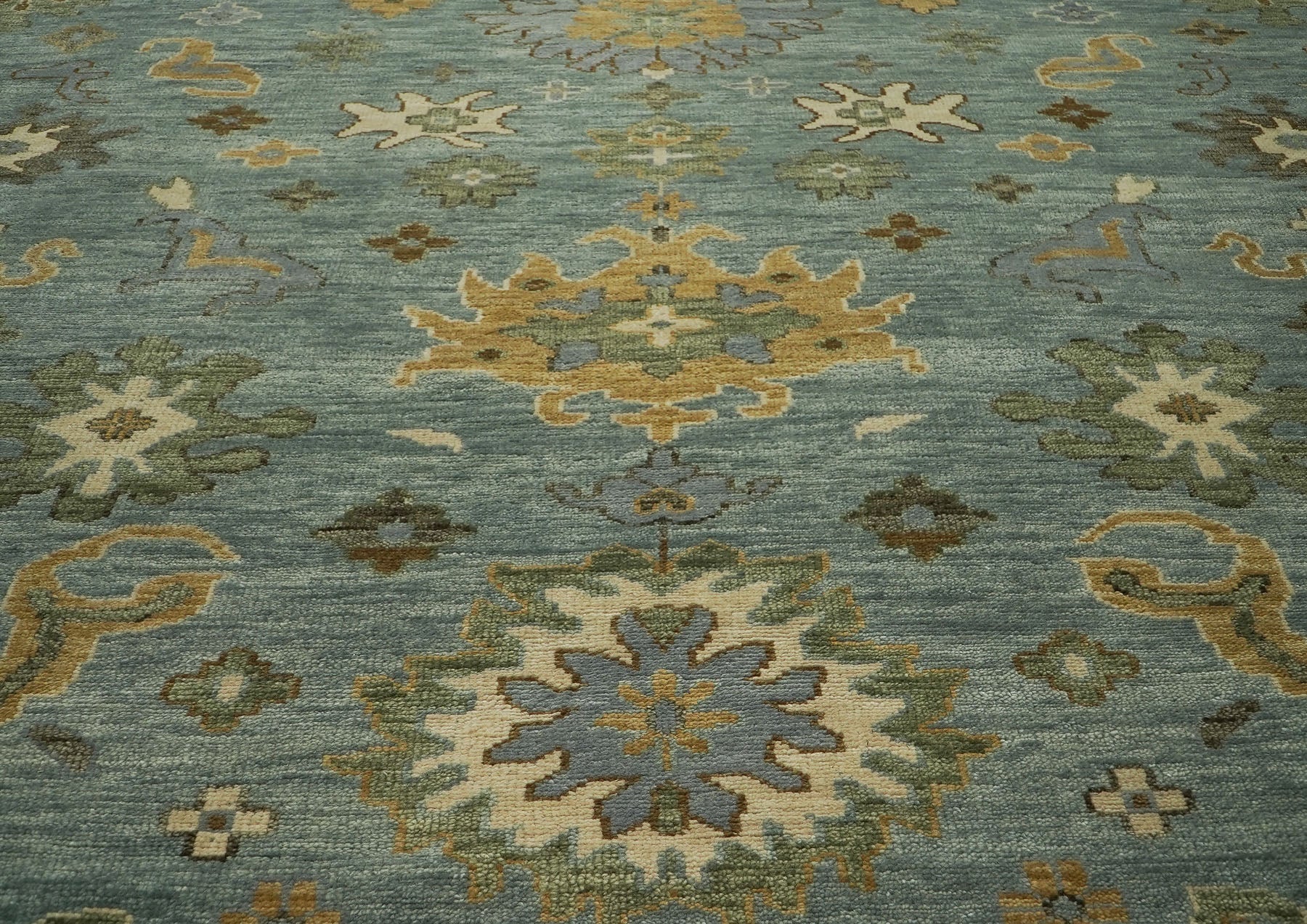 12x15 Blue, Beige, Gold Color Hand Knotted Oushak Wool Transitional Oriental Rug