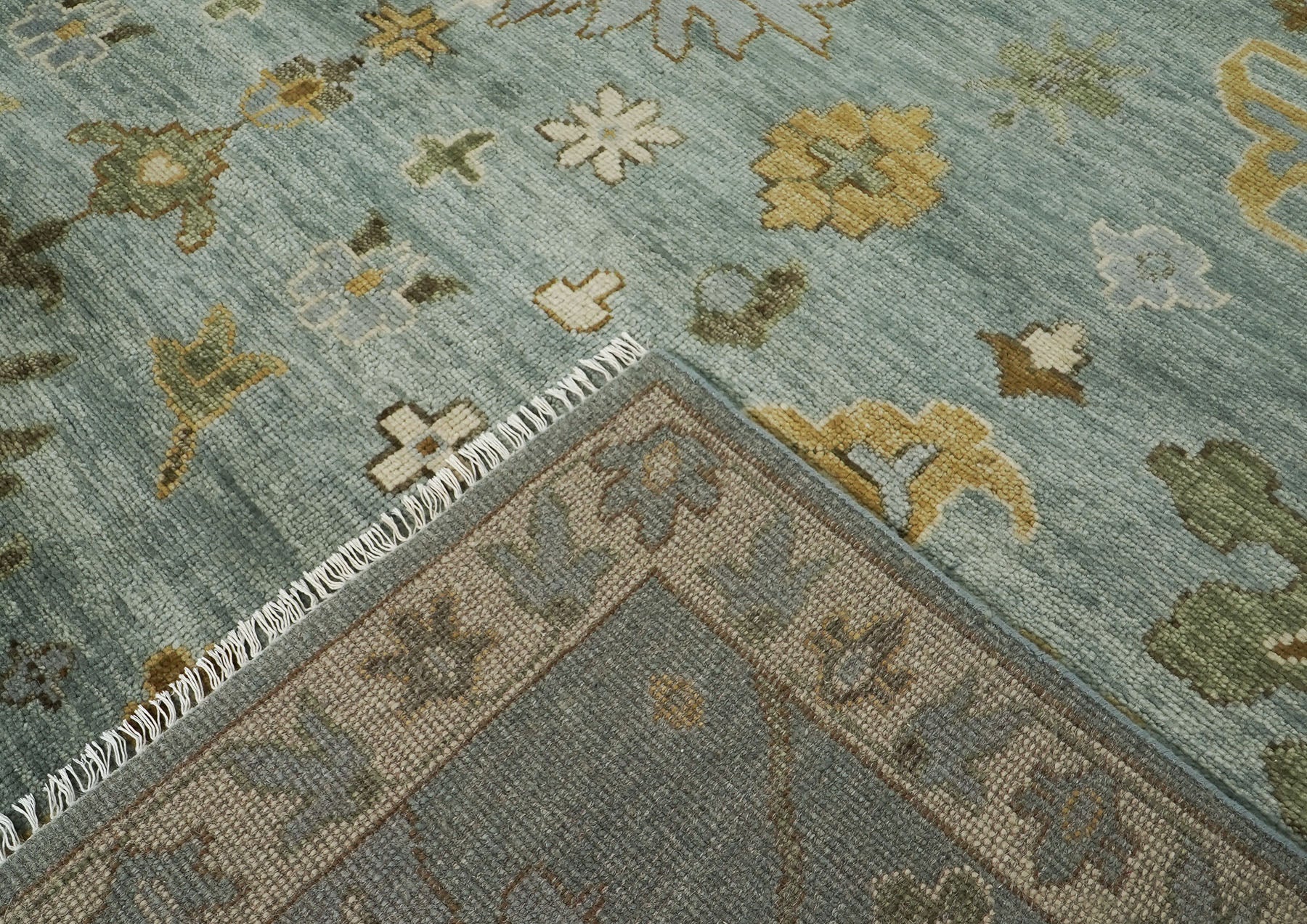 12x15 Blue, Beige, Gold Color Hand Knotted Oushak Wool Transitional Oriental Rug