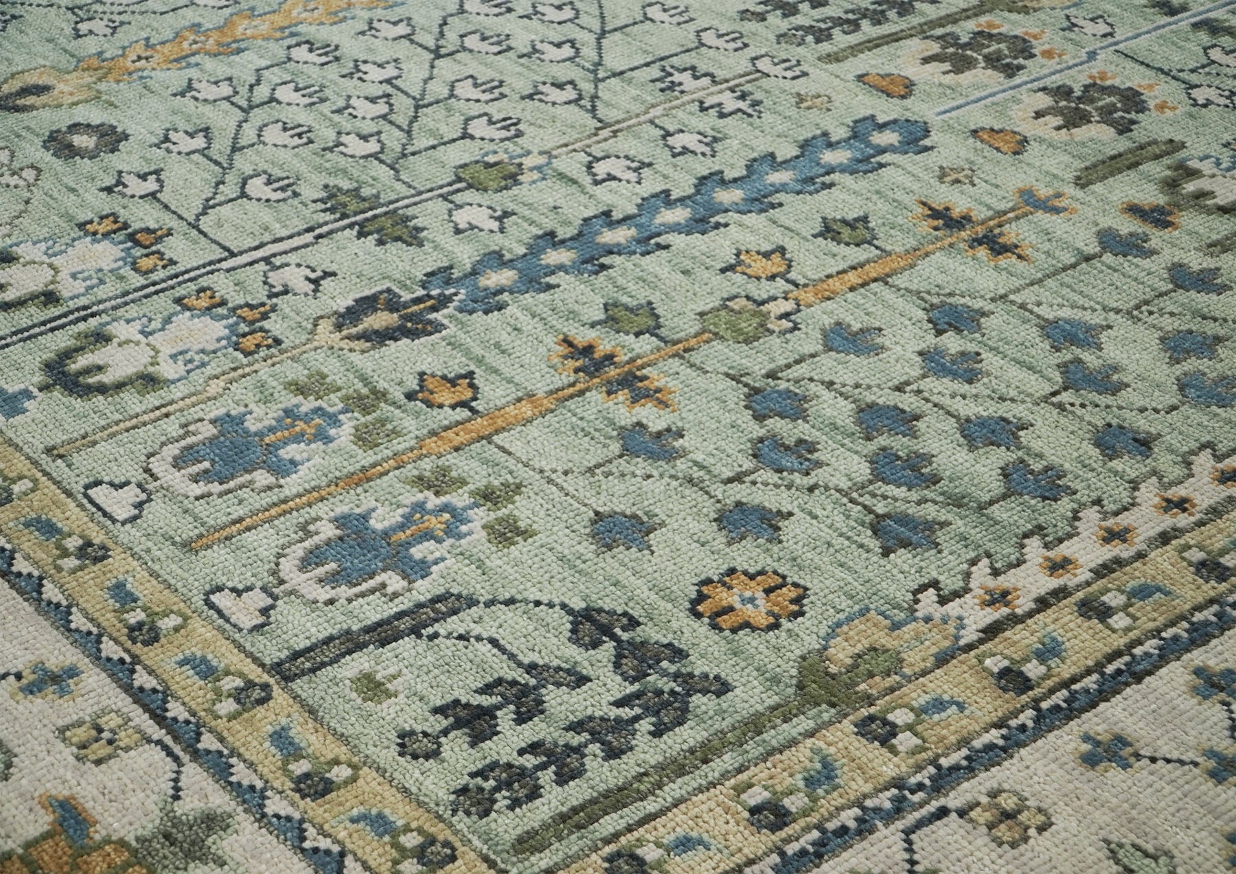 12x15 Seledon, Beige, Tan Color Hand Knotted Oushak Wool Transitional Oriental Rug