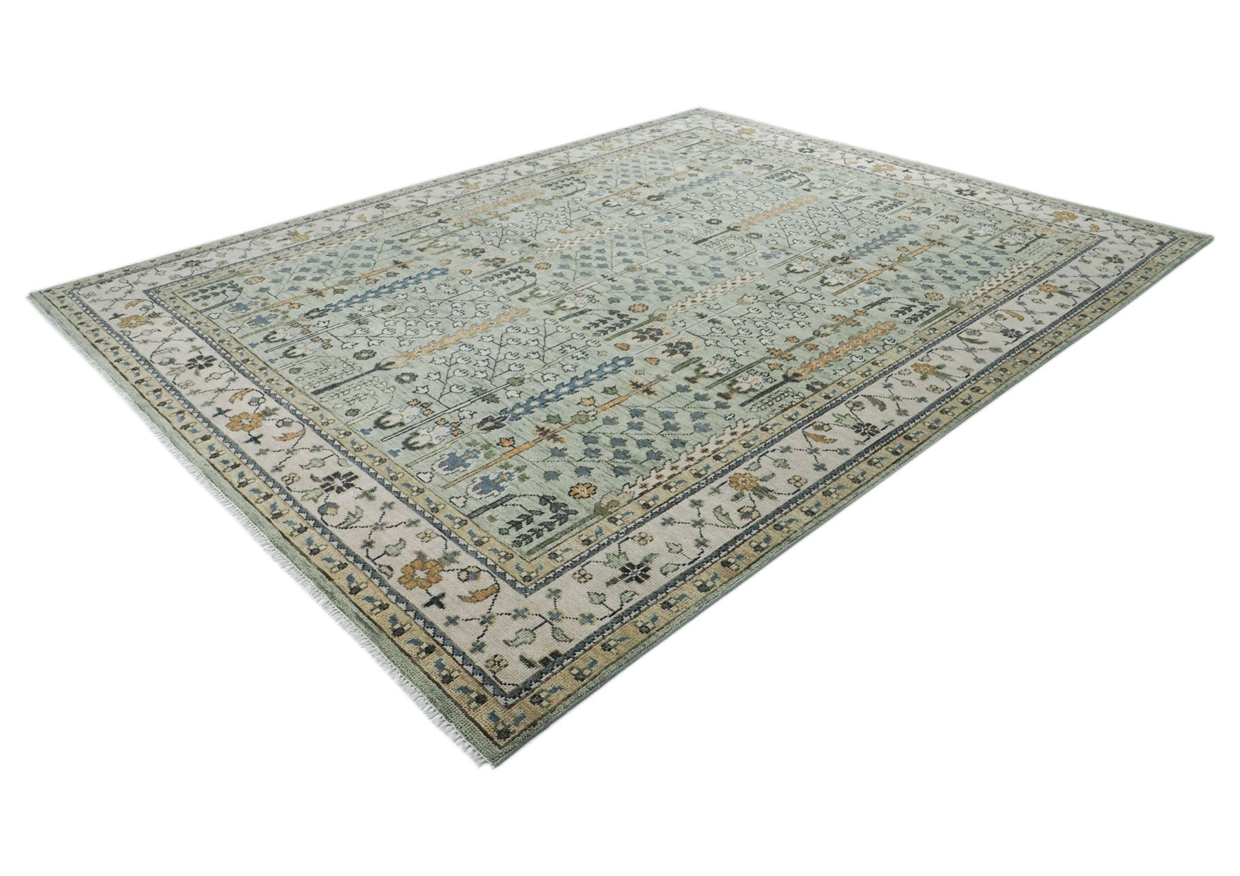 12x15 Seledon, Beige, Tan Color Hand Knotted Oushak Wool Transitional Oriental Rug