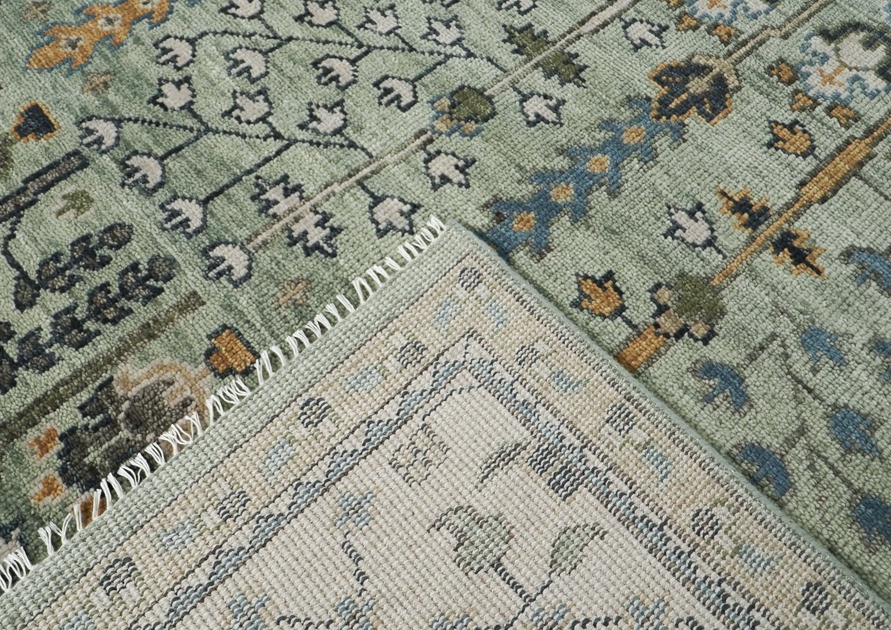 12x15 Seledon, Beige, Tan Color Hand Knotted Oushak Wool Transitional Oriental Rug