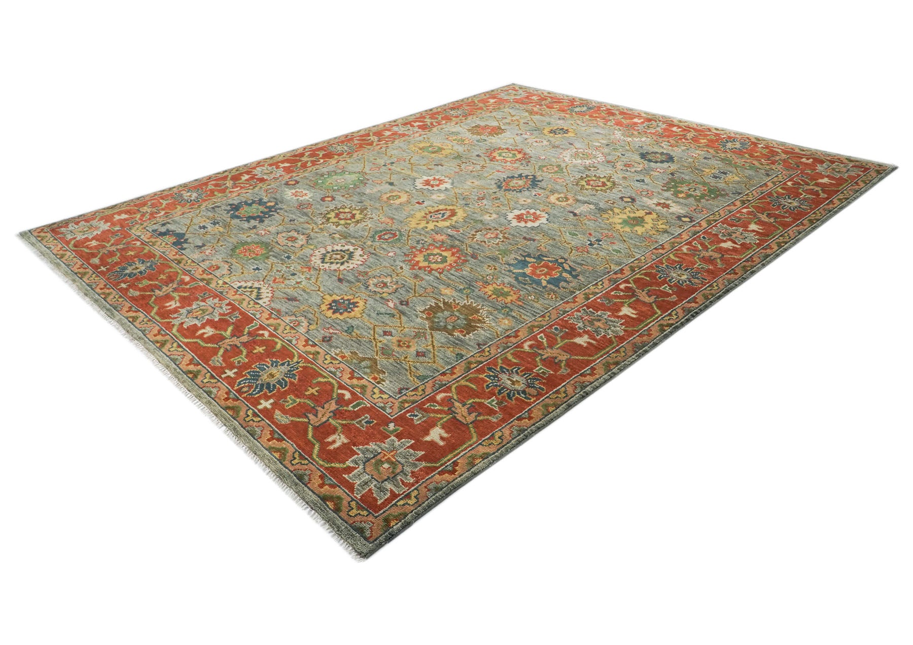 12x15 Blue, Gray, Burnt Orange Color Hand Knotted Oushak Wool Arts and Crafts Oriental Rug
