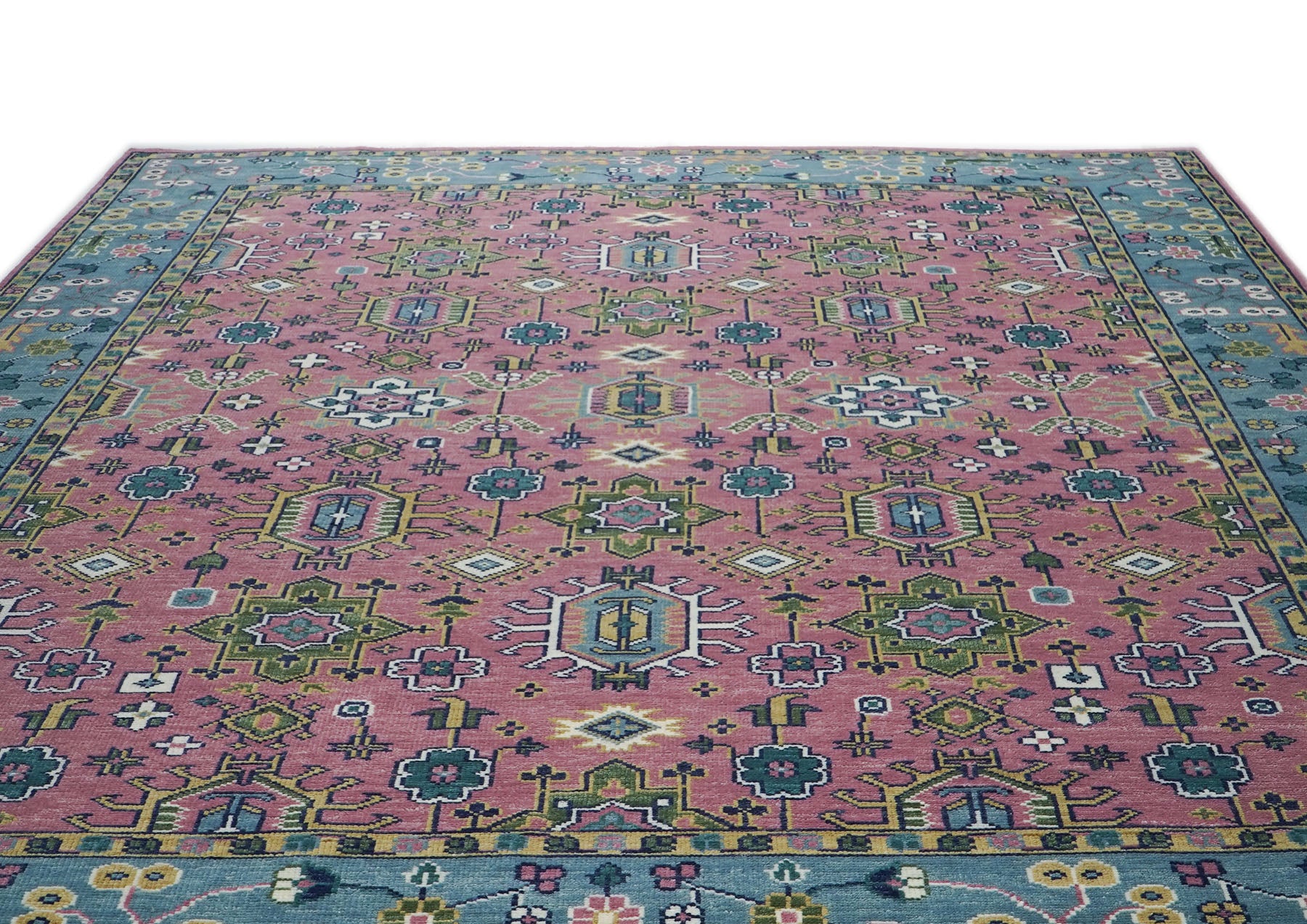 12x15 Pink, Blue, Lime Color Hand Knotted Oushak Wool Transitional Oriental Rug