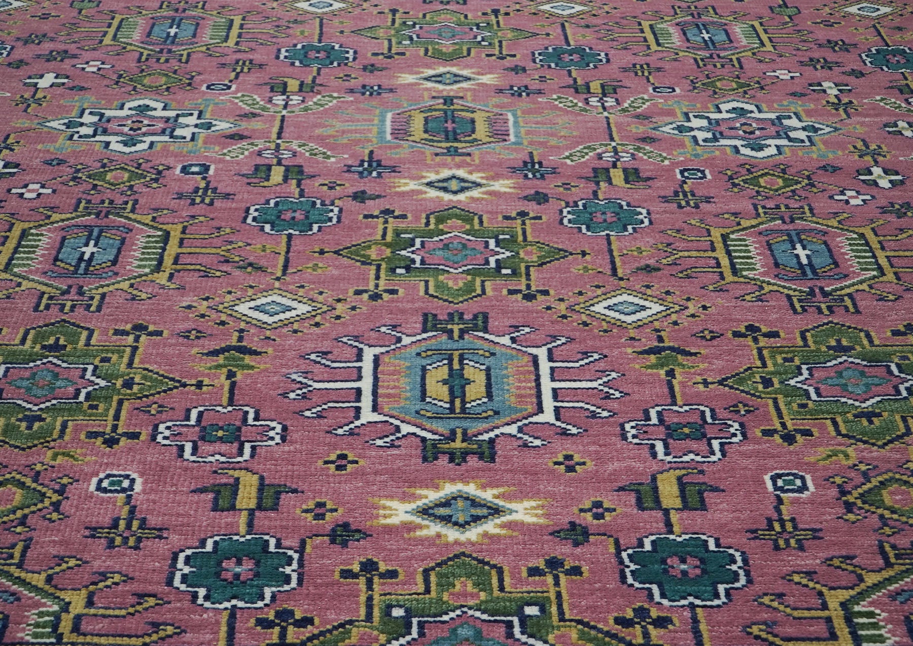 12x15 Pink, Blue, Lime Color Hand Knotted Oushak Wool Transitional Oriental Rug