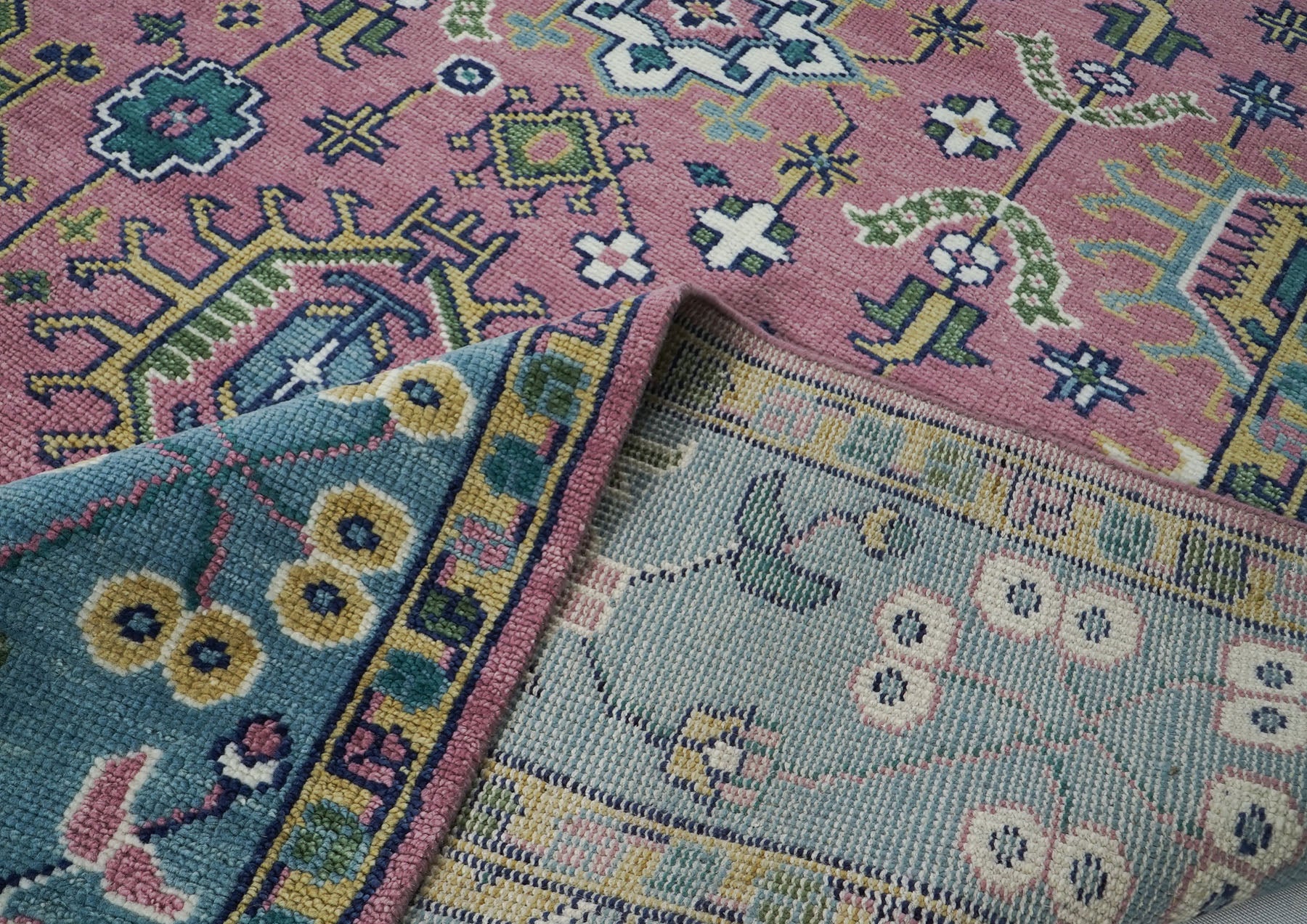 12x15 Pink, Blue, Lime Color Hand Knotted Oushak Wool Transitional Oriental Rug