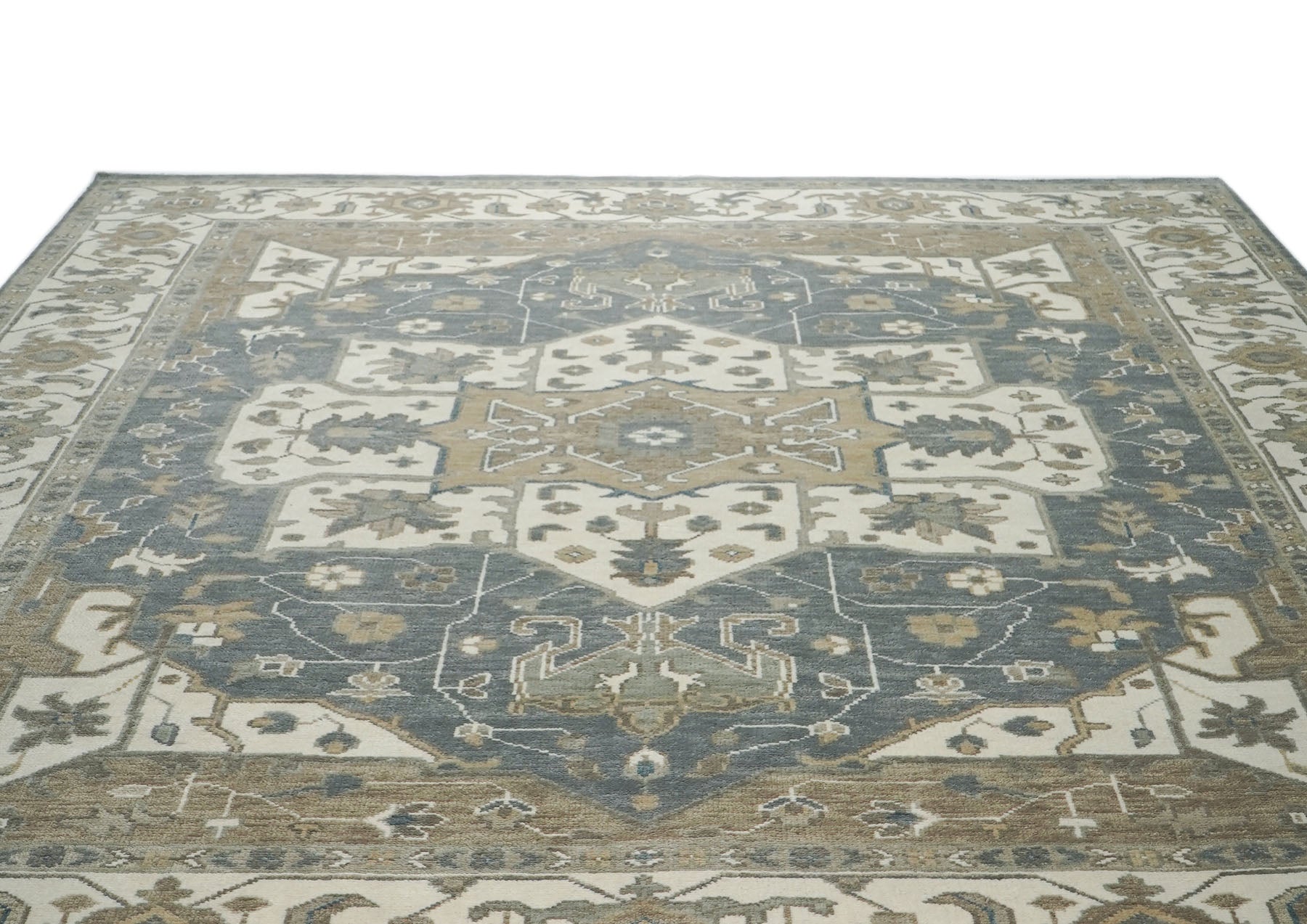 12x15 Slate, Ivory, Beige Color Hand Knotted Oushak Wool  Oriental Rug