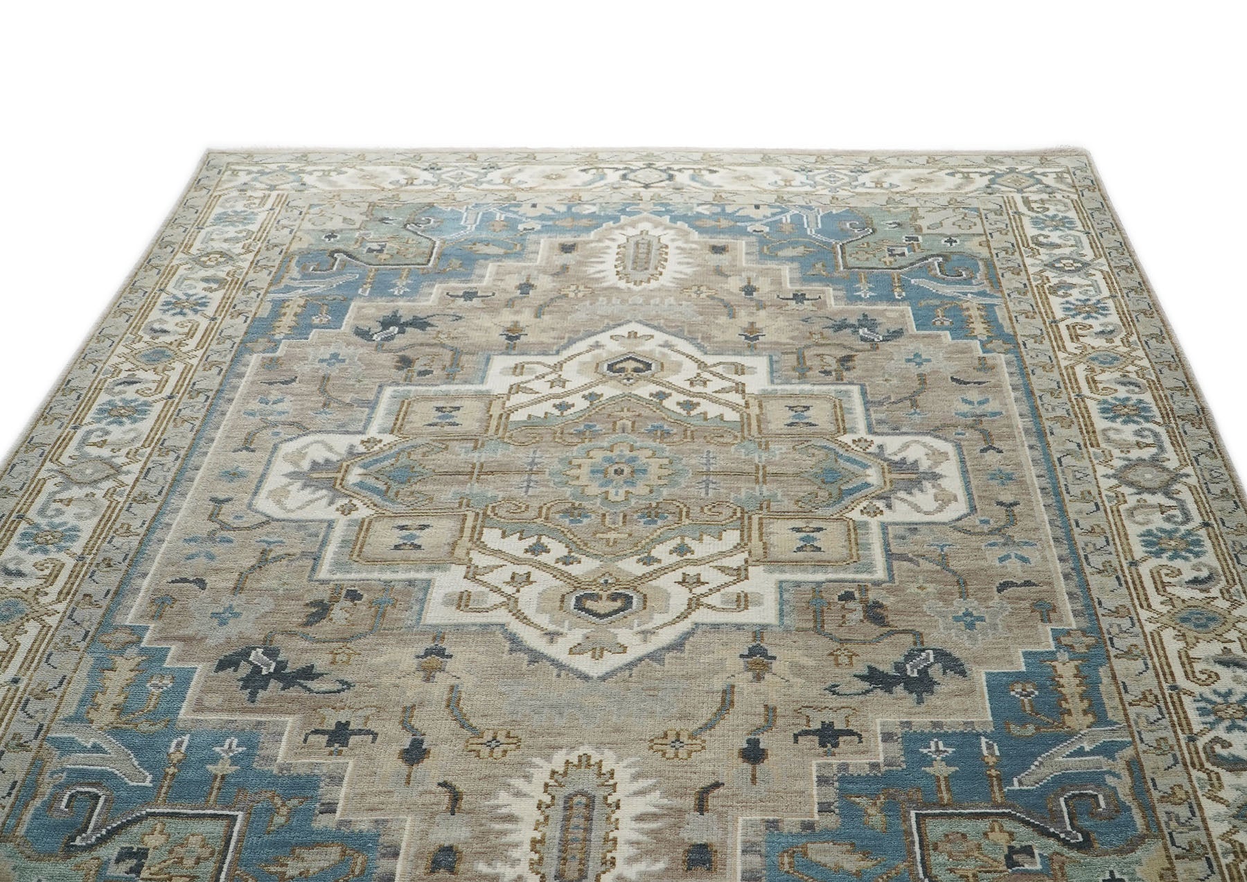 10x14 Beige, Ivory, Blue Color Hand Knotted Oushak Wool  Oriental Rug