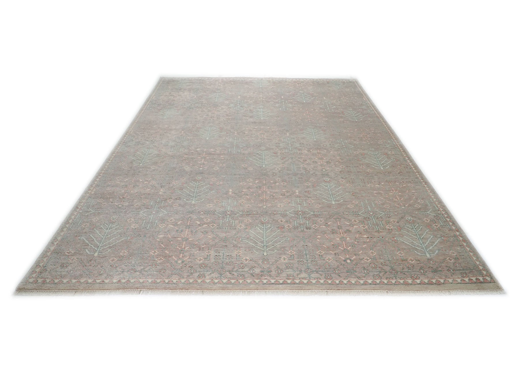 12x15 Rose, Aqua, Gray Color Hand Knotted Oushak Wool Transitional Oriental Rug