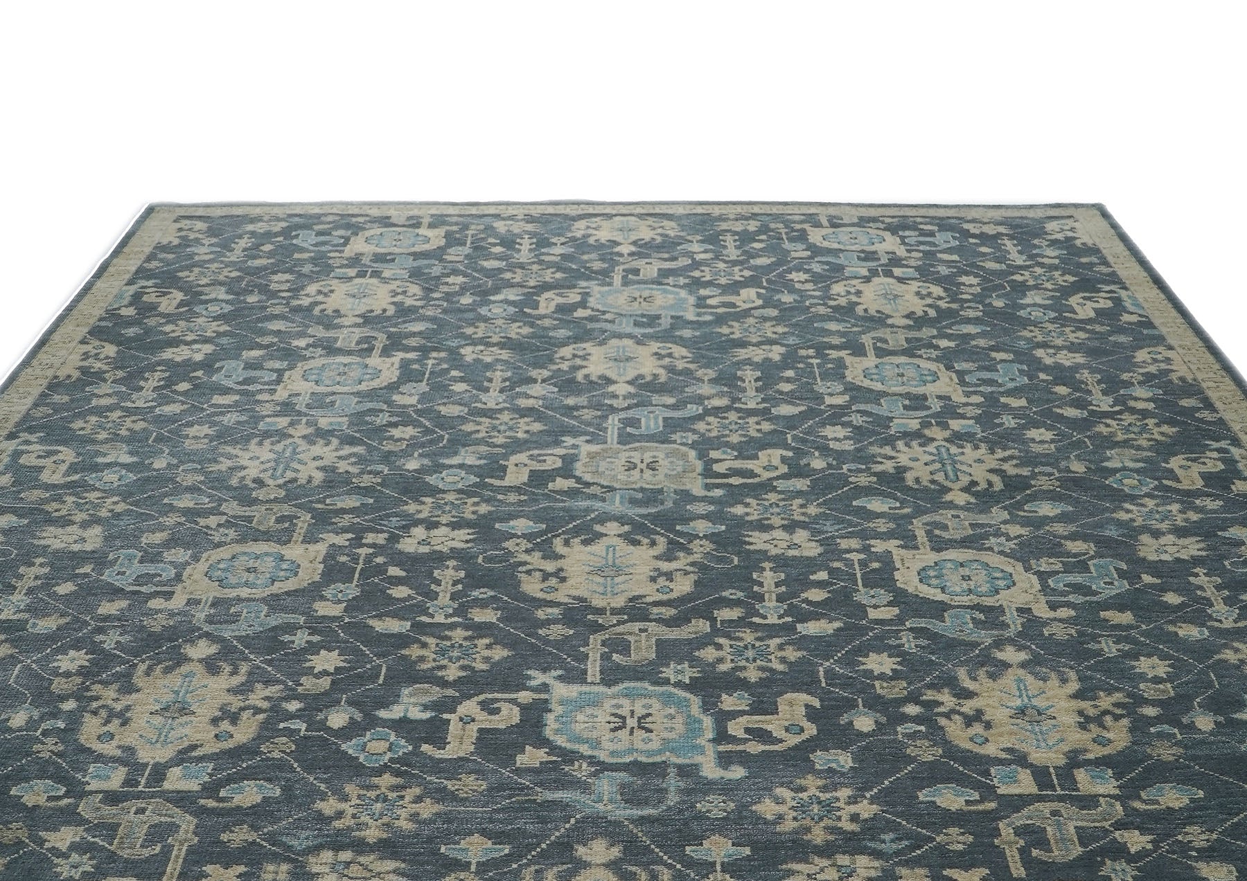 12x15 Blue, Beige, Moss Color Hand Knotted Oushak Wool Arts and Crafts Oriental Rug